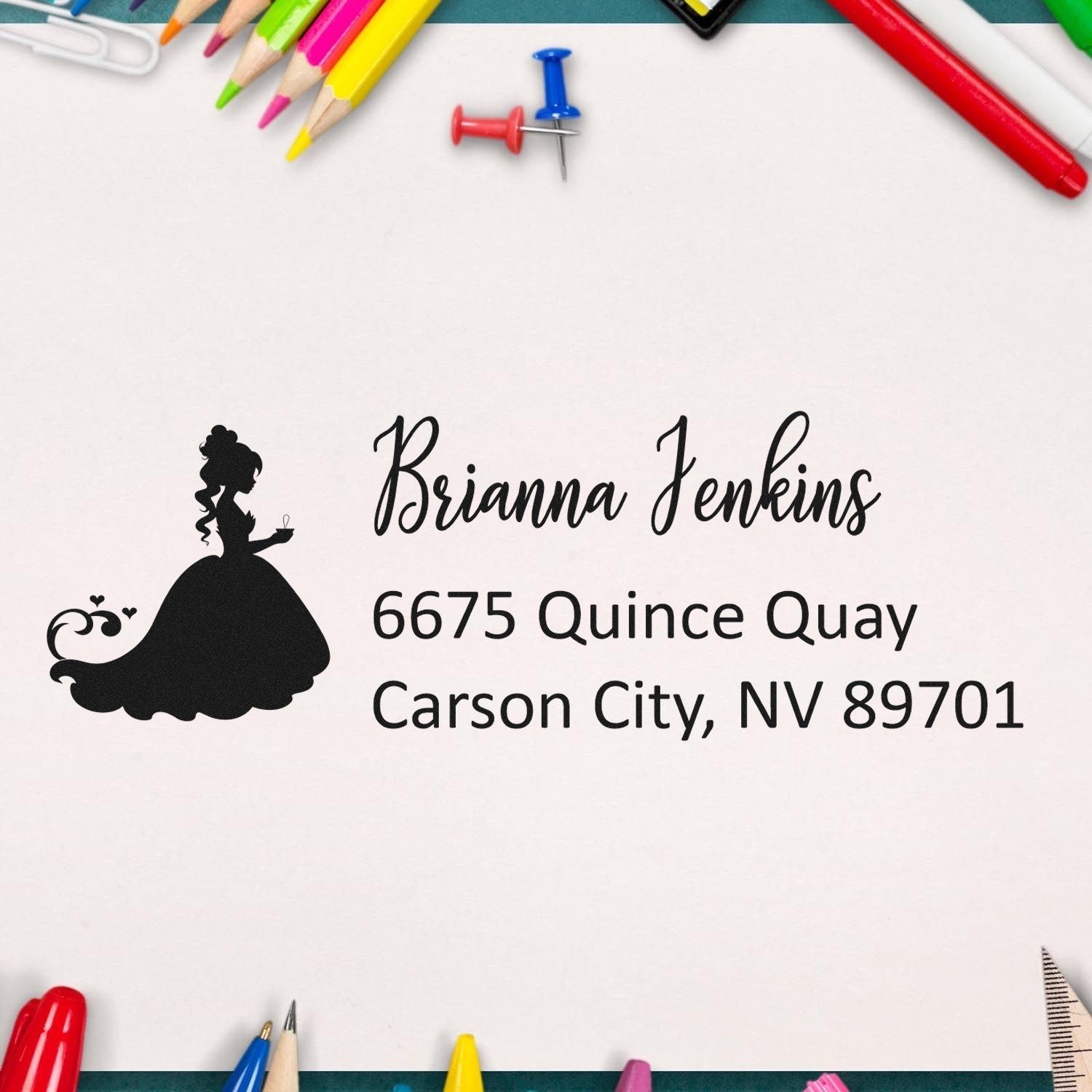 Custom rubber address stamp with princess silhouette, personalized name and mailing address for envelopes and stationery.