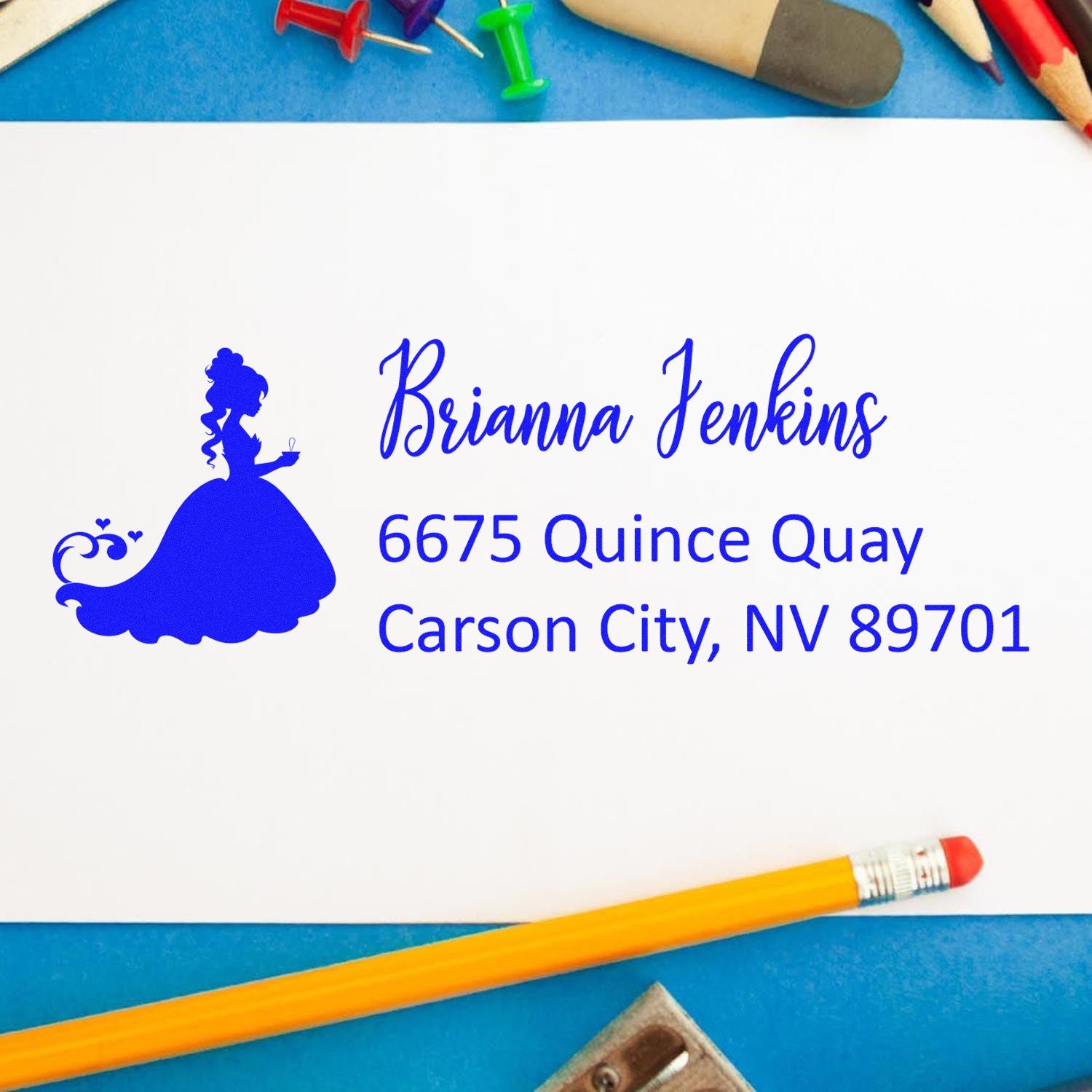 Personalized princess return address rubber stamp for Brianna Jenkins, Carson City, NV, in blue ink.