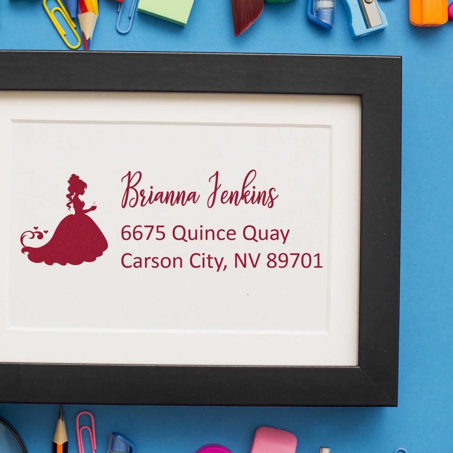 Custom address rubber stamp with princess silhouette, Brianna Jenkins name, and Carson City, NV address.