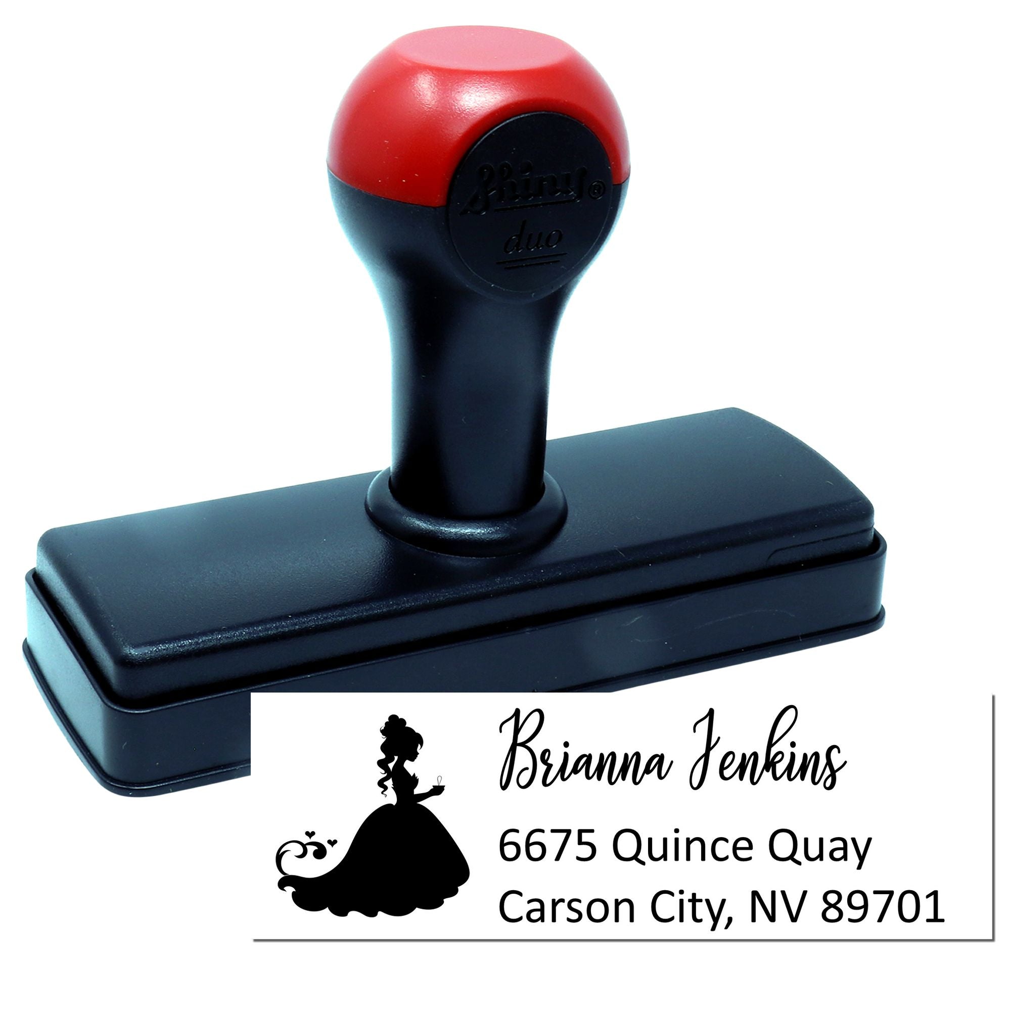 Custom self-inking rubber address stamp with princess design, name, and return address for wedding or party invitations.