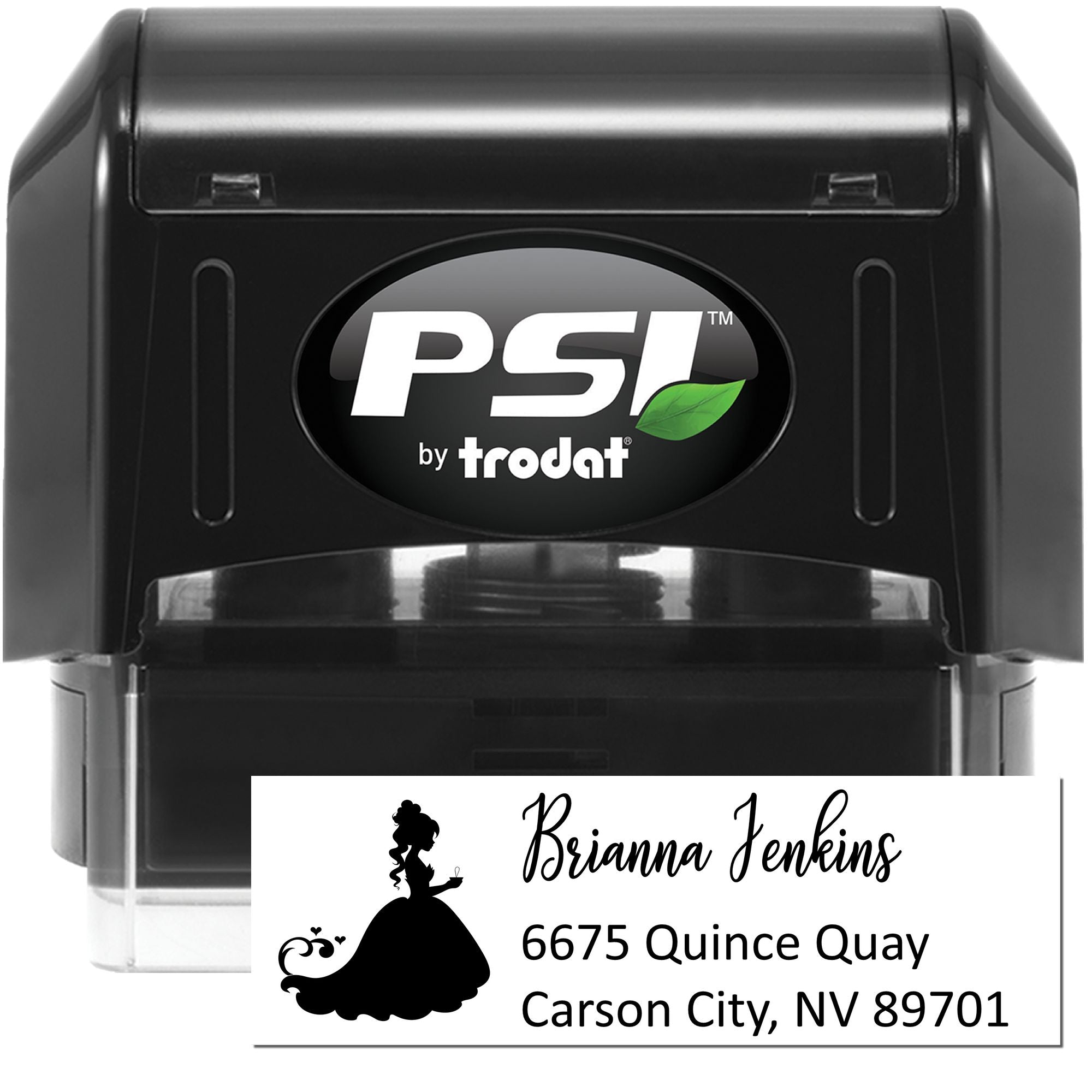 PSI by Trodat custom self-inking rubber address stamp with princess design for Brianna Jenkins in Carson City, NV.