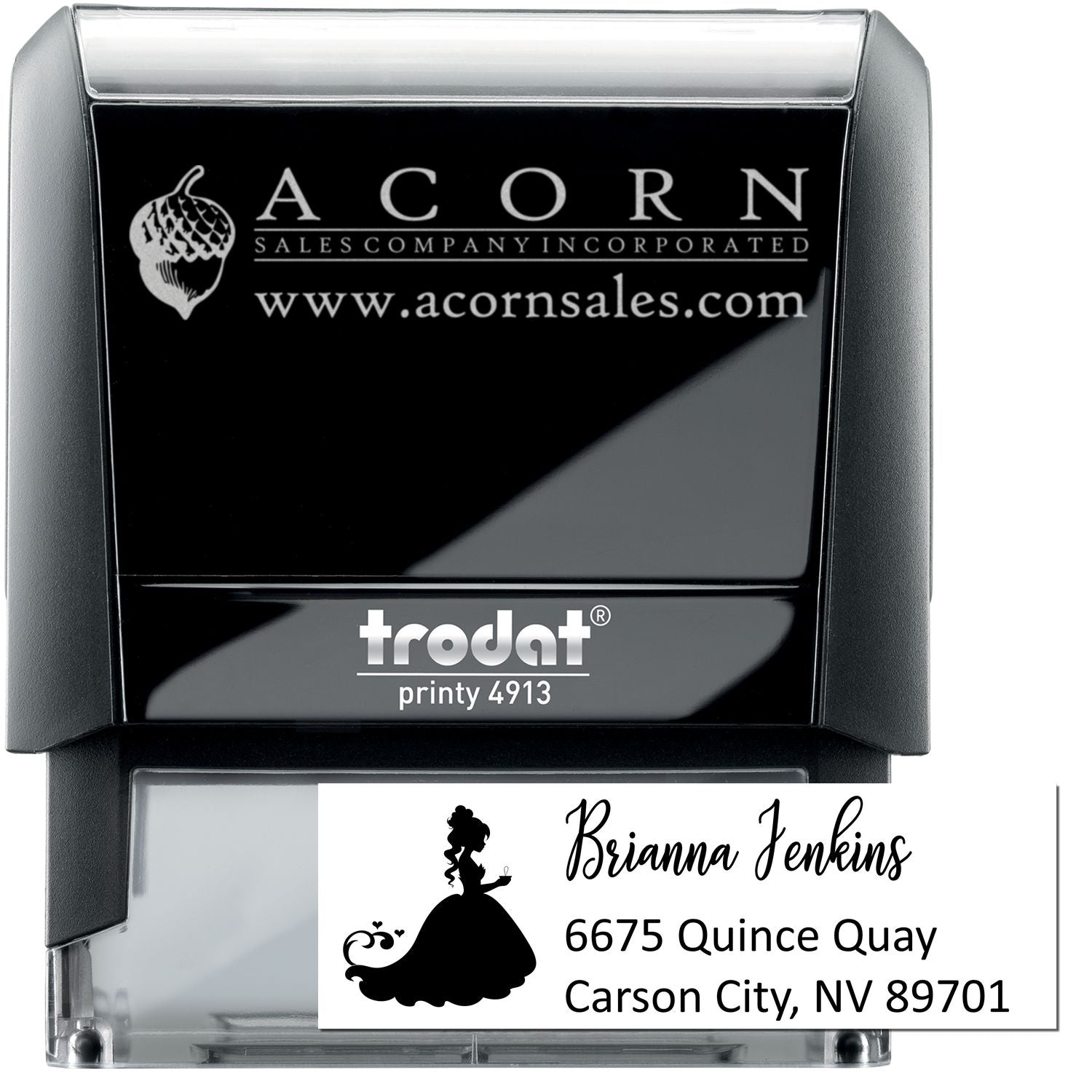 Custom self-inking rubber address stamp with Trodat Printy 4913, featuring logo, name, and return mailing address.