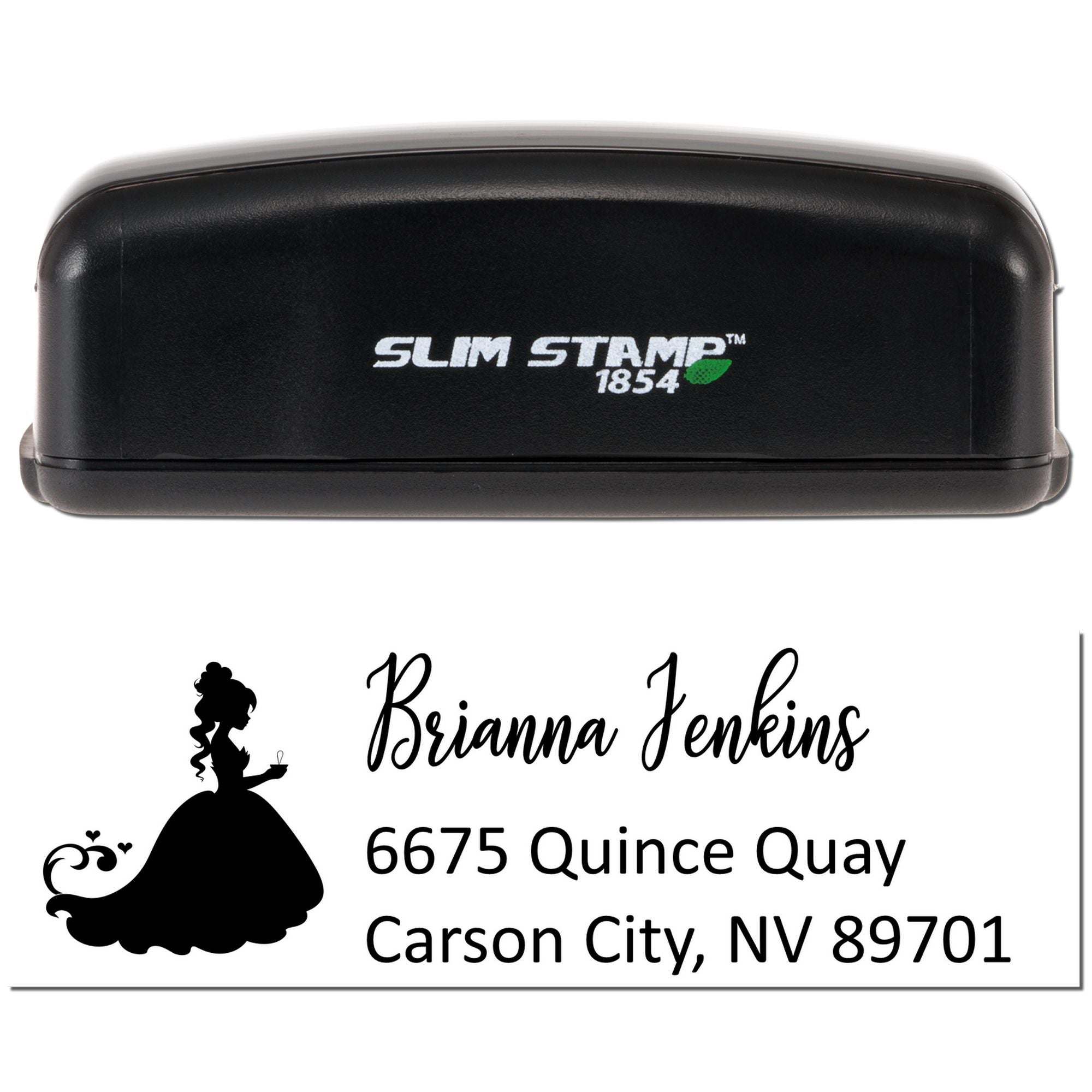 Custom self-inking address rubber stamp with princess silhouette for Brianna Jenkins, Carson City, NV.