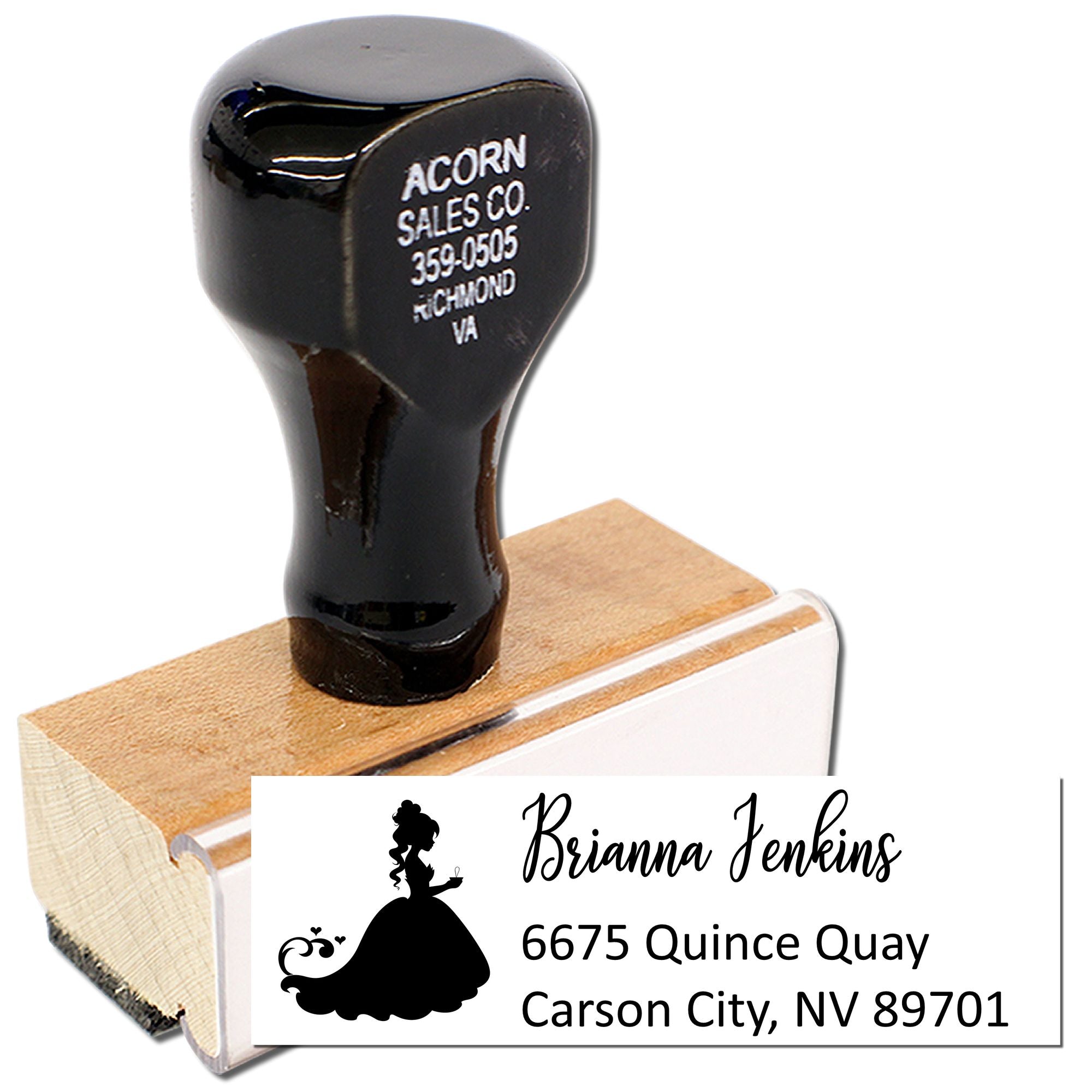 Custom rubber address stamp with princess design, personalized for Brianna Jenkins, Carson City NV