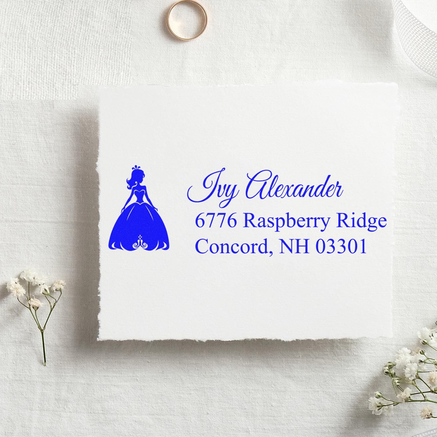Personalized princess return address rubber stamp for wedding or baby shower invitations, with name and Concord, NH address.