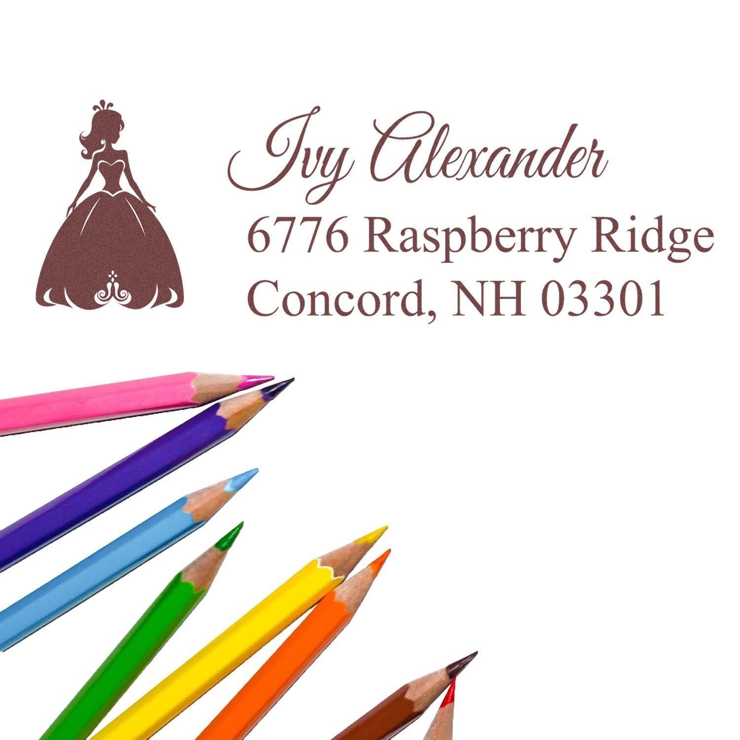 Custom princess address rubber stamp with name and Concord, NH return address for wedding stationery and mailing labels.