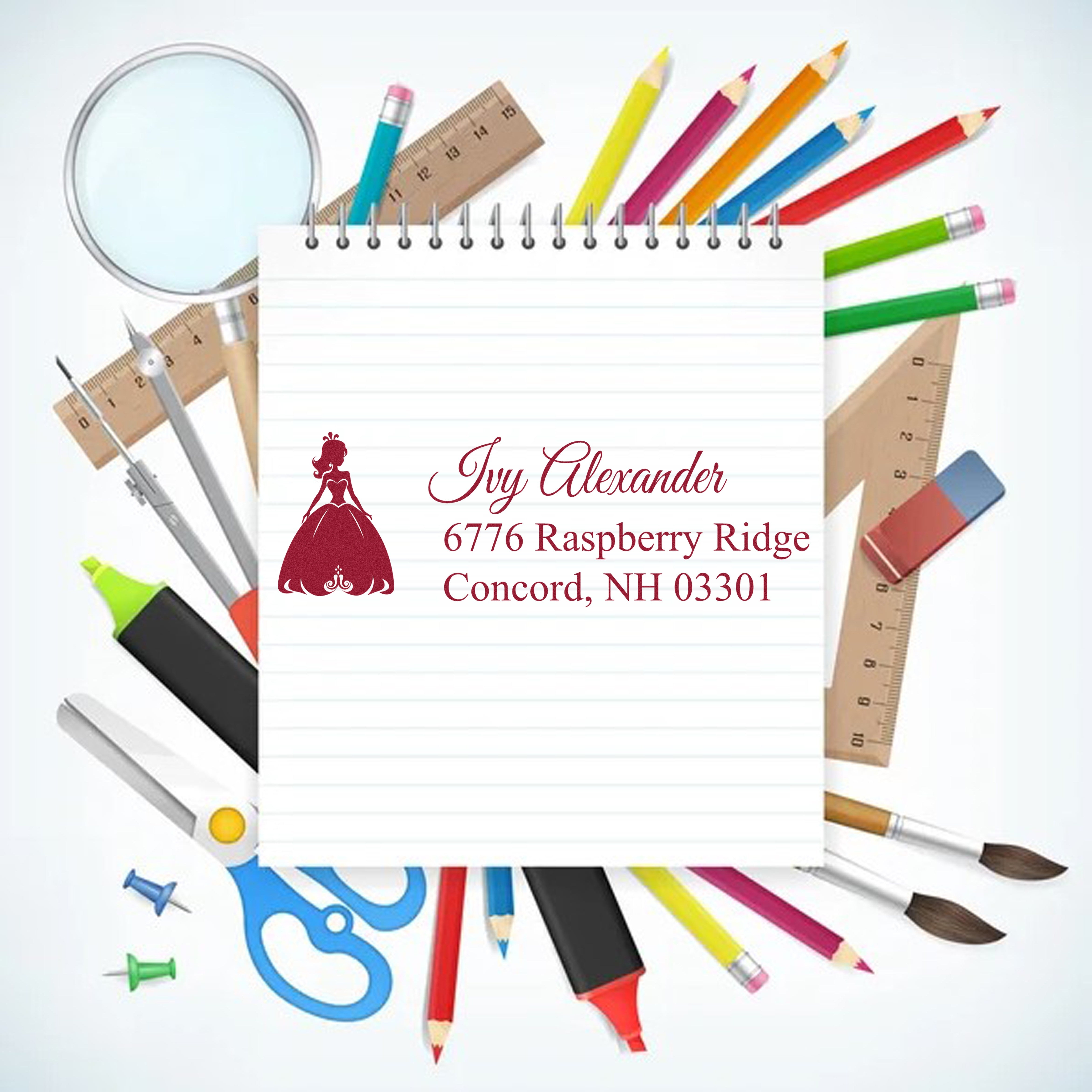 Personalized return address rubber stamp design with dress icon on a notebook, surrounded by school supplies.