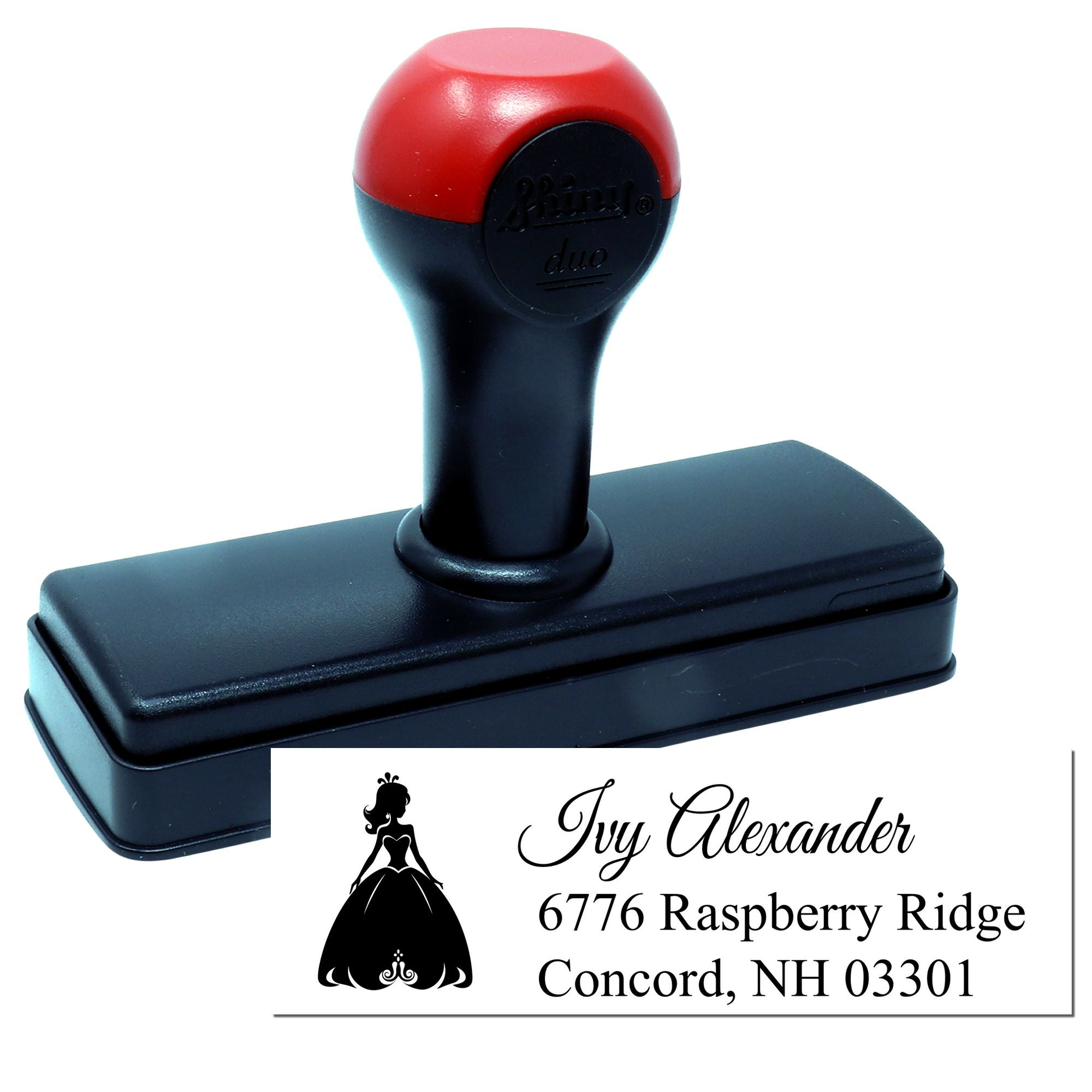 Custom self-inking return address stamp featuring elegant wedding design and sample address for Ivy Alexander, Concord, NH.