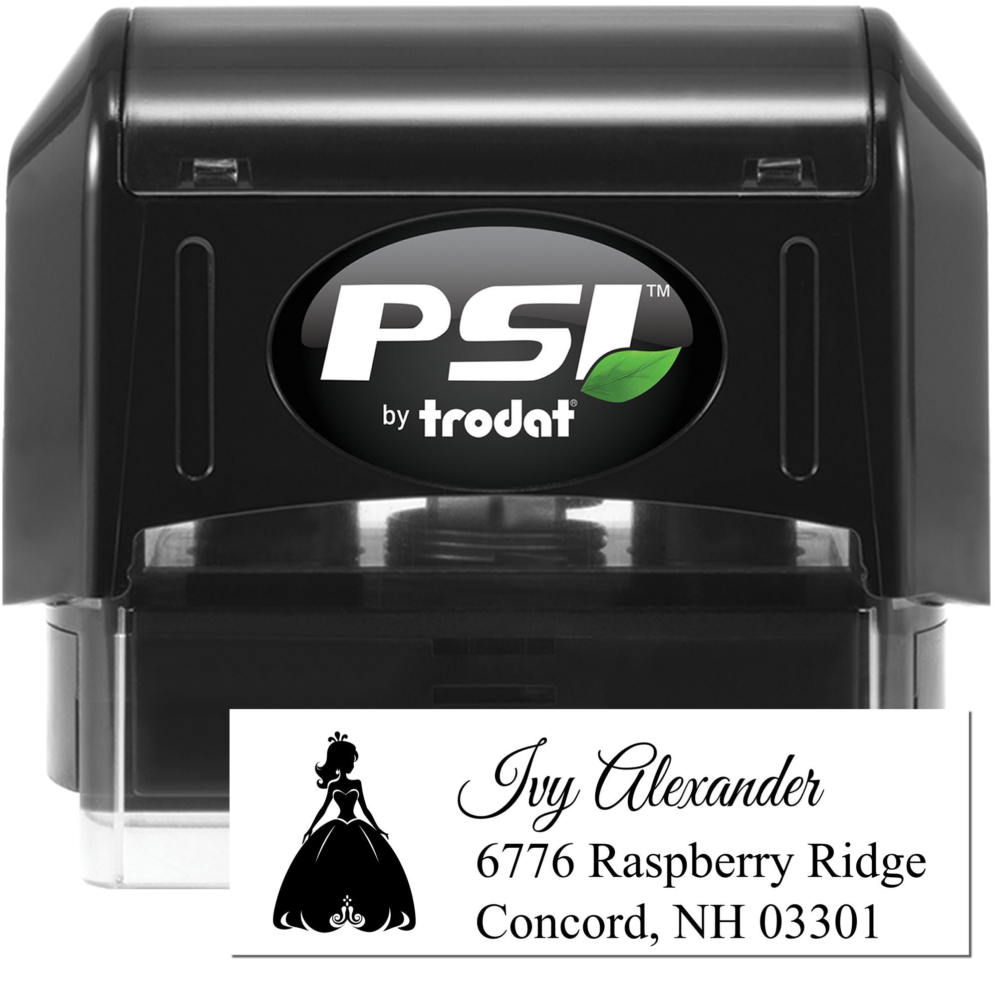 PSI by Trodat self-inking rubber stamp with custom personalized address stamp for Ivy Alexander and princess design.