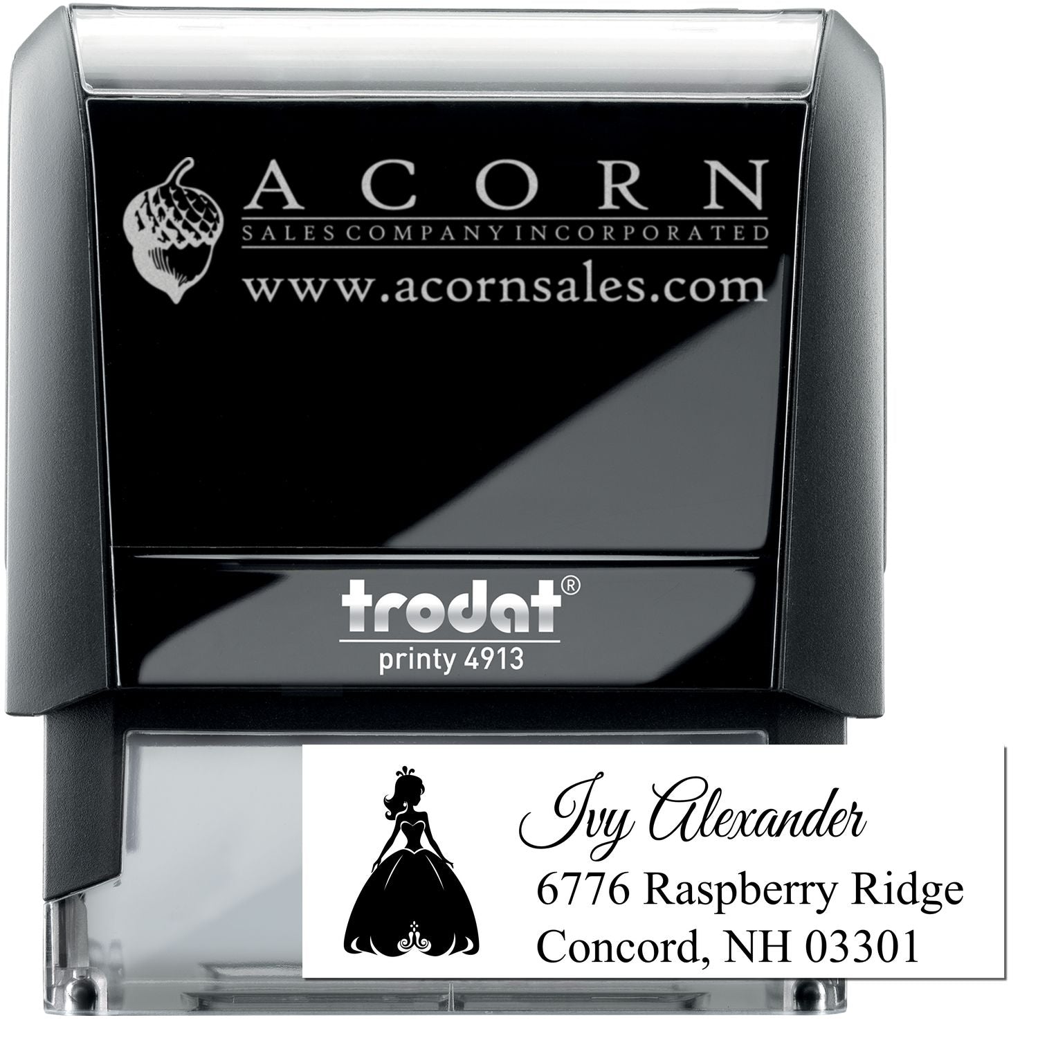 Custom self-inking rubber stamp with logo and personalized address imprint, Trodat Printy 4913 for business mailing and branding.