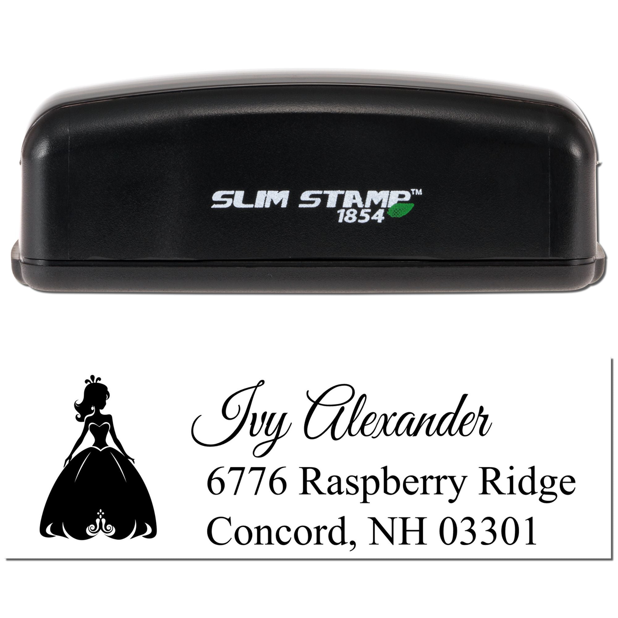 Slim Stamp 1854 personalized rubber return address stamp with princess silhouette for Ivy Alexander, Concord, NH 03301