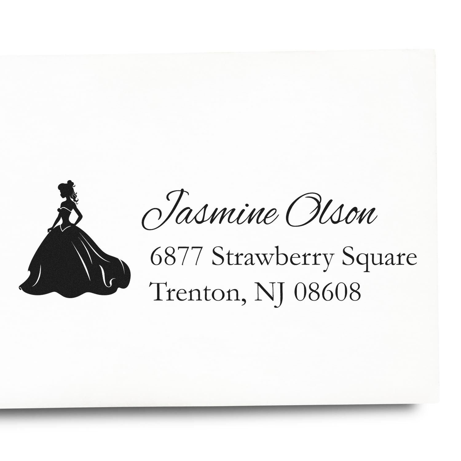 Custom rubber stamp with princess silhouette and return address for Jasmine Olson, Trenton, NJ 08608