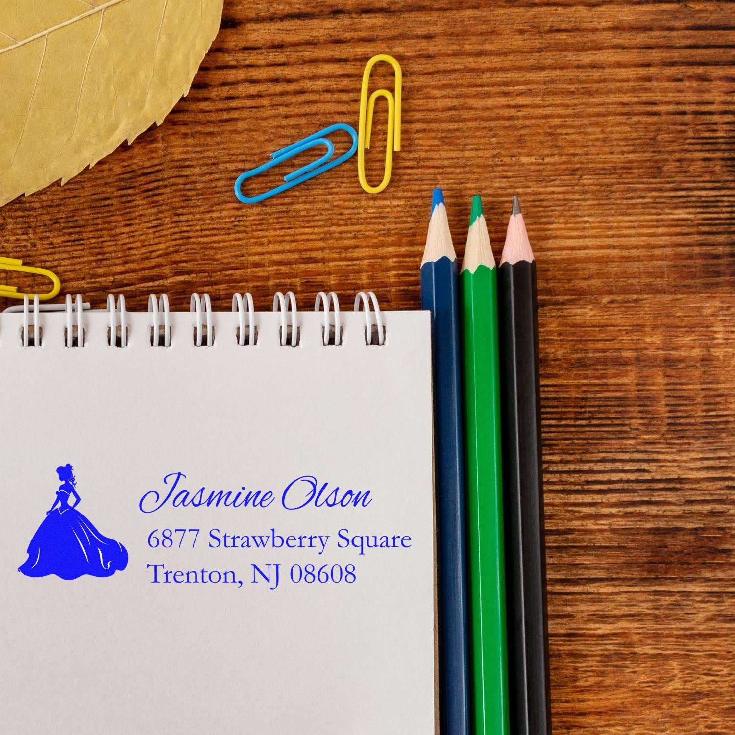 Personalized return address rubber stamp with princess silhouette on notebook beside pencils and paper clips