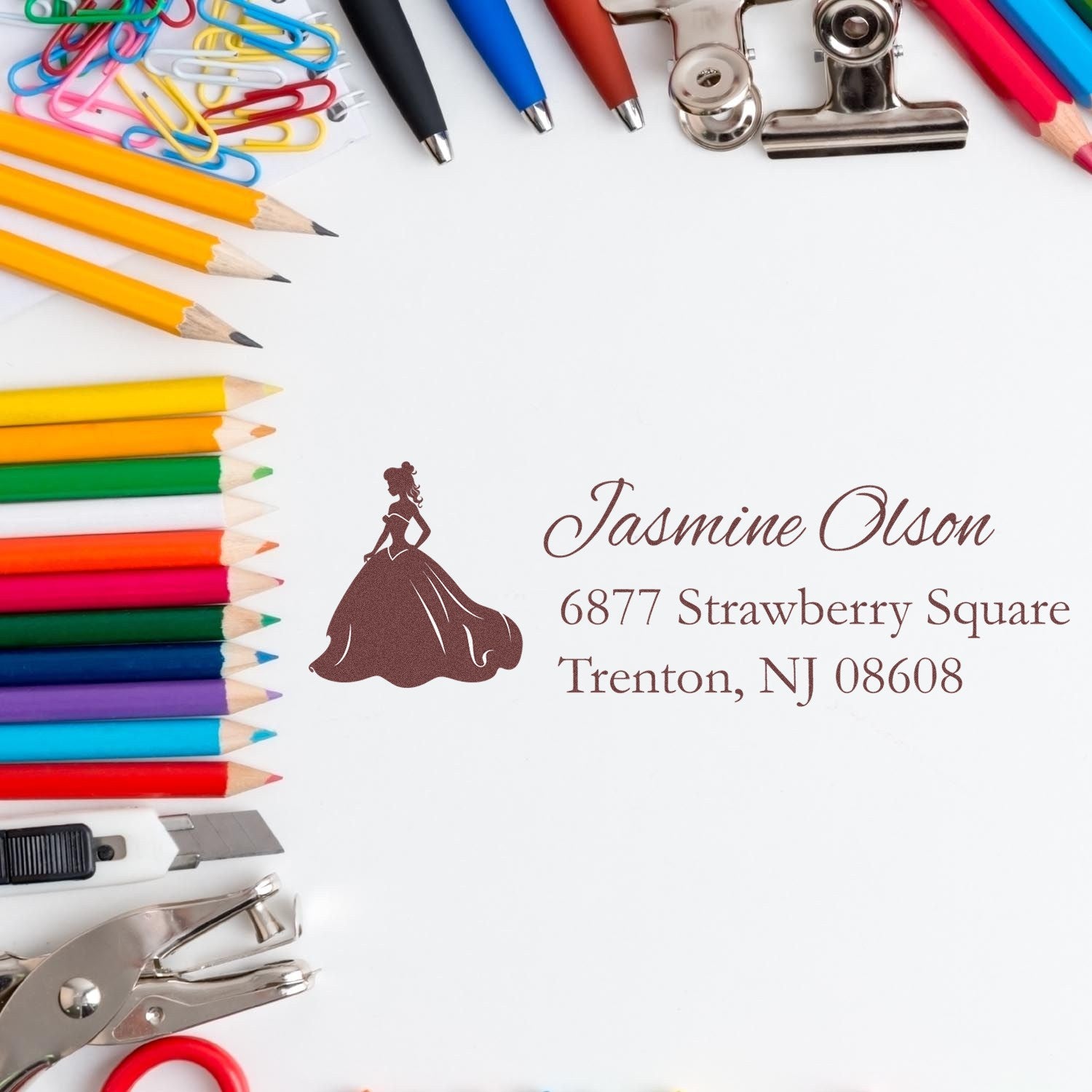Custom return address rubber stamp with princess design, perfect for personalized stationery and mailing labels.