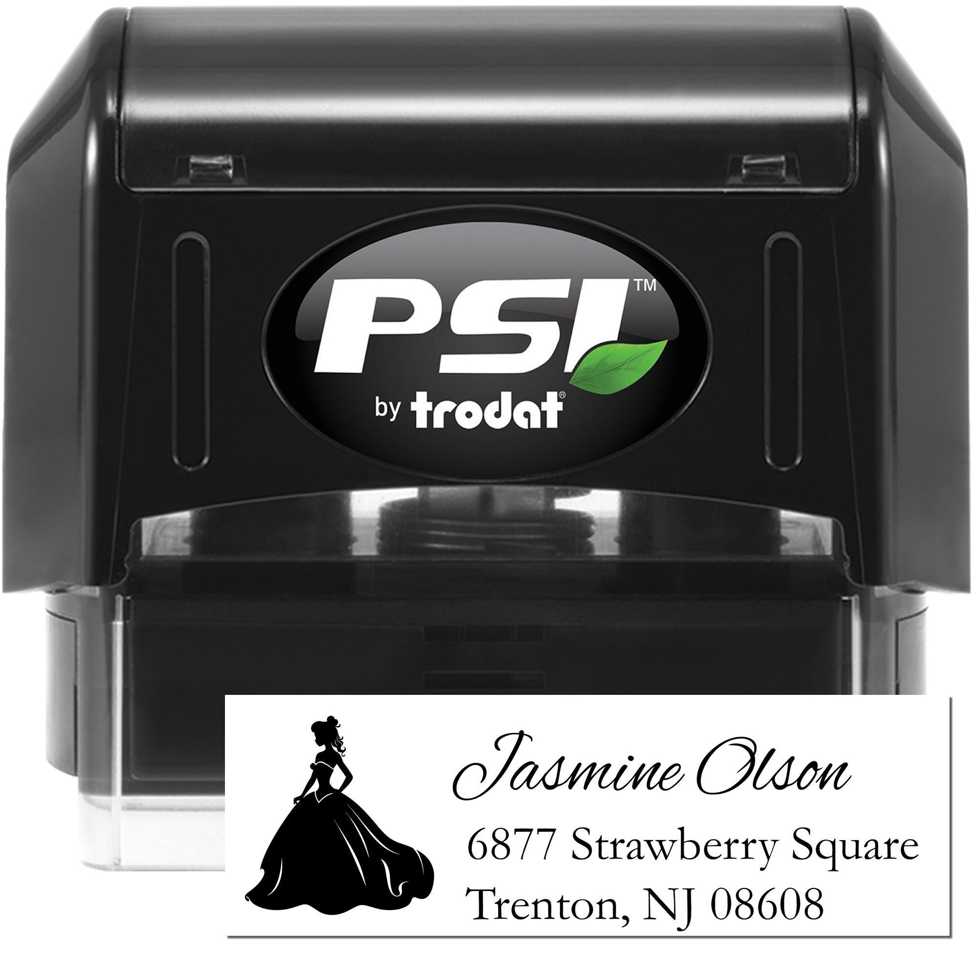 Custom PSI by Trodat self-inking rubber address stamp with name, address, and bridal silhouette for wedding invitations.