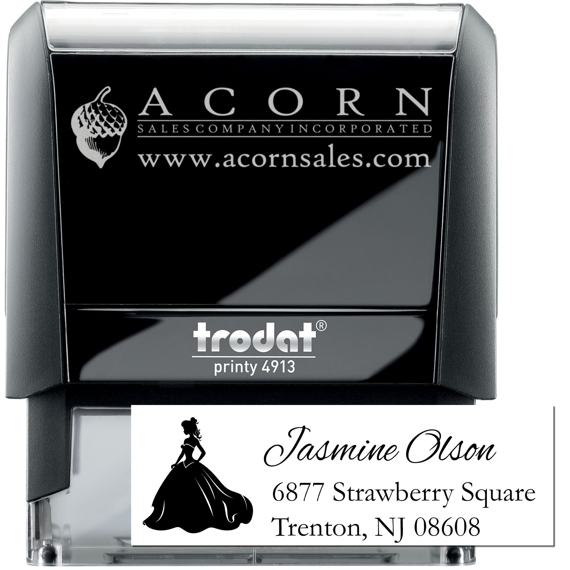 Trodat Printy 4913 custom self-inking rubber stamp with logo and return address imprint for business mailing.