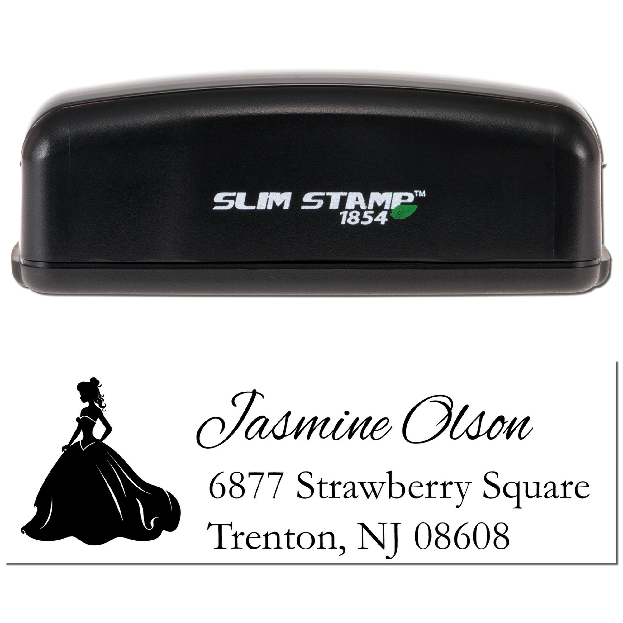 Slim Stamp 1854 custom rubber stamp for wedding address labels with bride silhouette and personalized name, Trenton NJ address