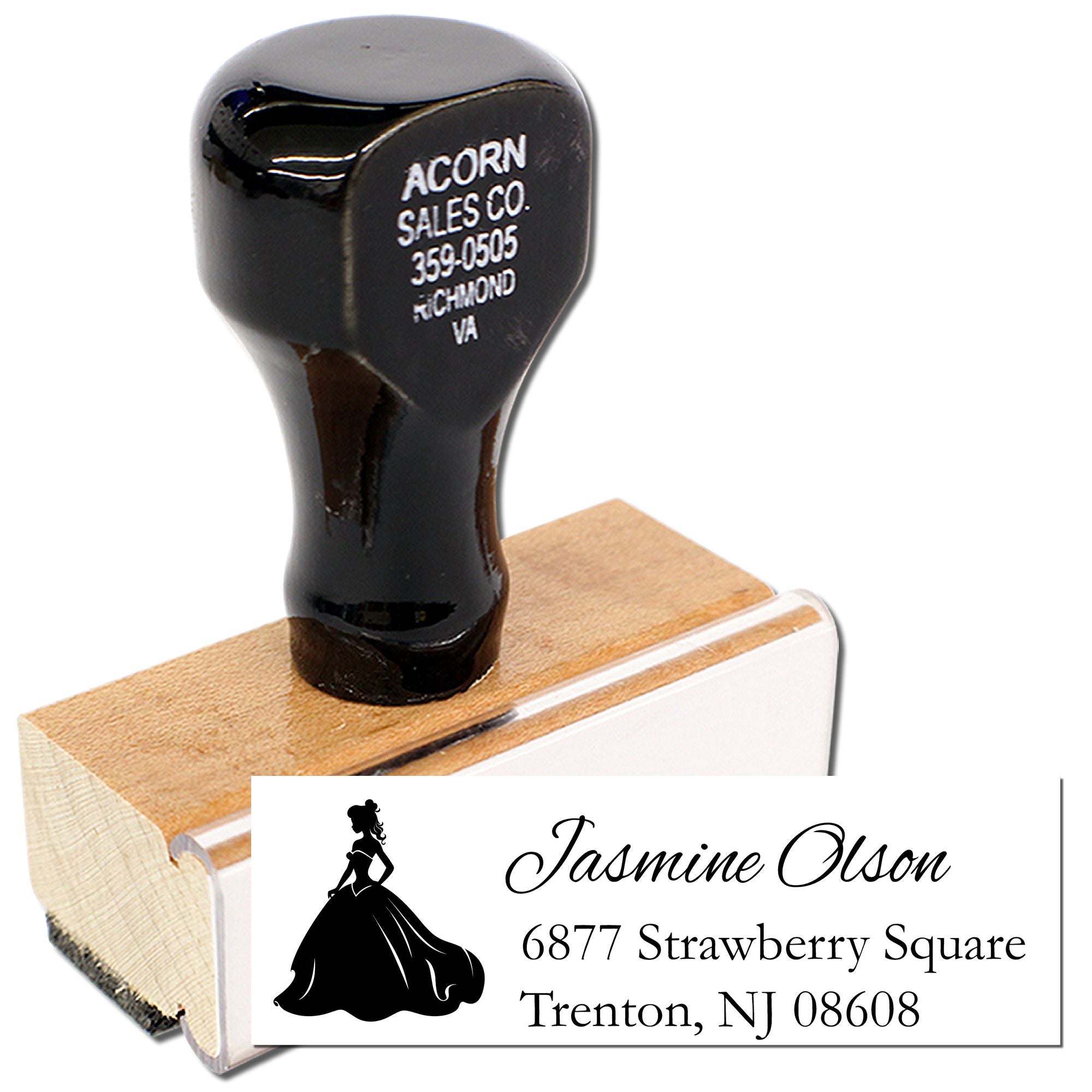 Custom rubber address stamp with wooden handle and personalized return address design for wedding invitations.