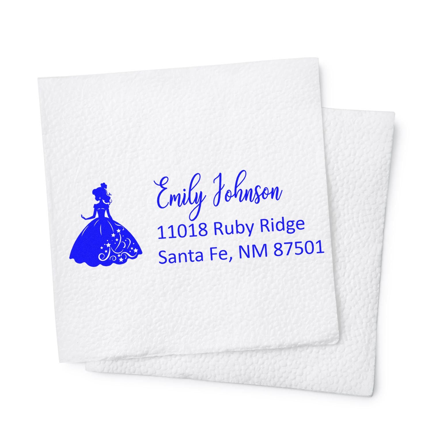 Personalized address rubber stamp with princess silhouette for Emily Johnson, Santa Fe, NM, in blue ink.