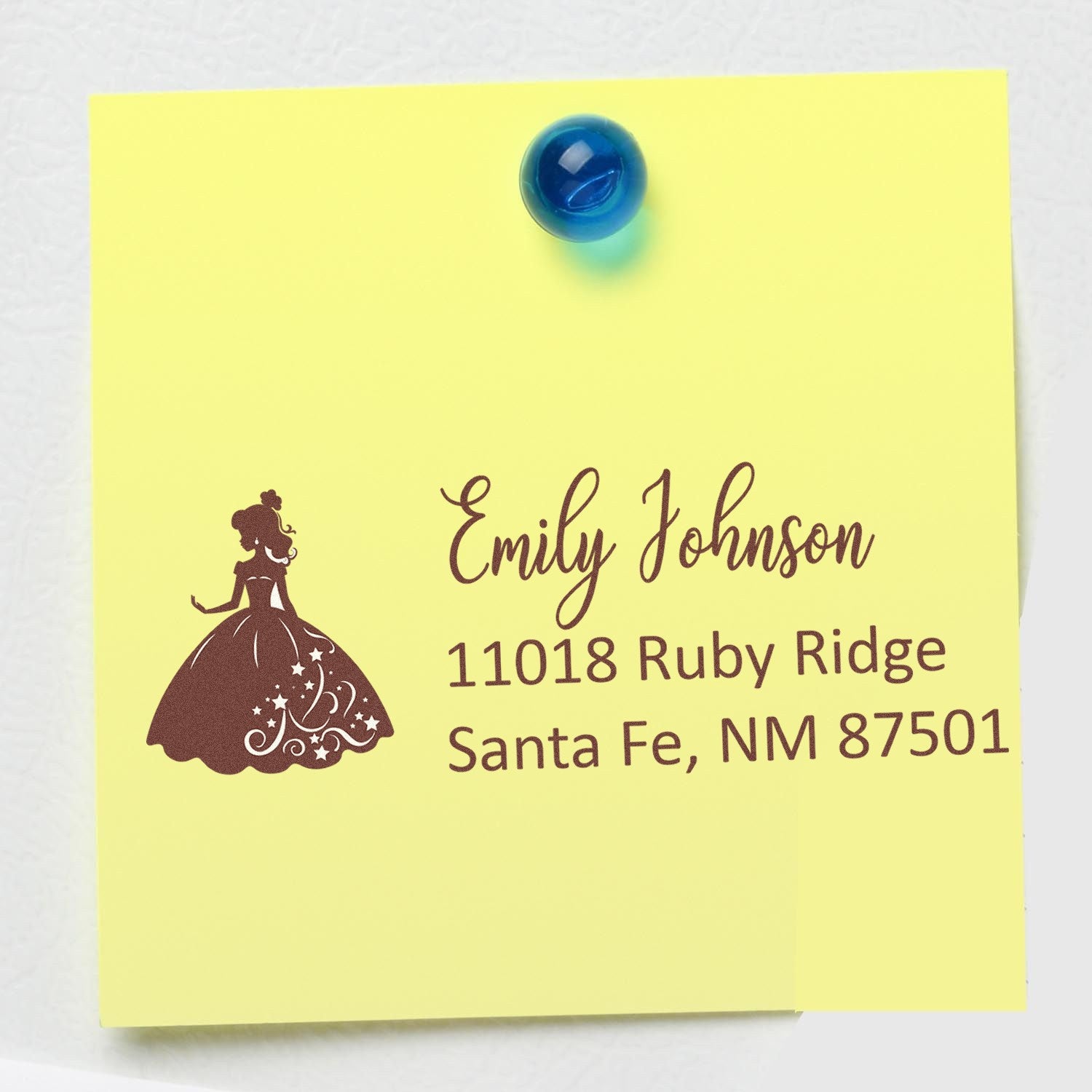 Personalized return address rubber stamp with princess silhouette for Emily Johnson, Santa Fe, NM 87501