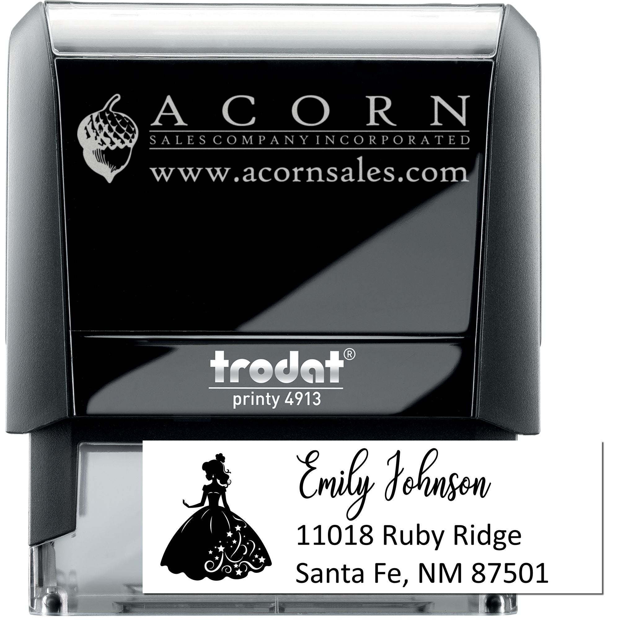 Custom self-inking rubber stamp with logo and address, Trodat Printy 4913, ideal for business branding and mailings.