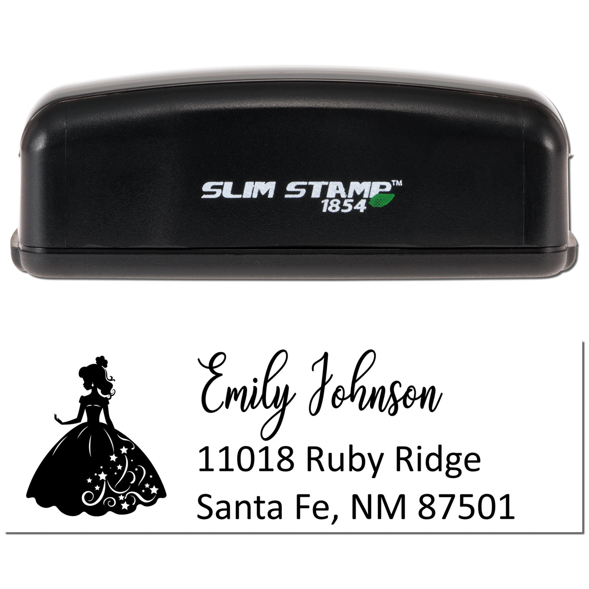 Slim Stamp 1854 self-inking custom rubber stamp with princess return address for Emily Johnson, Santa Fe, NM 87501.