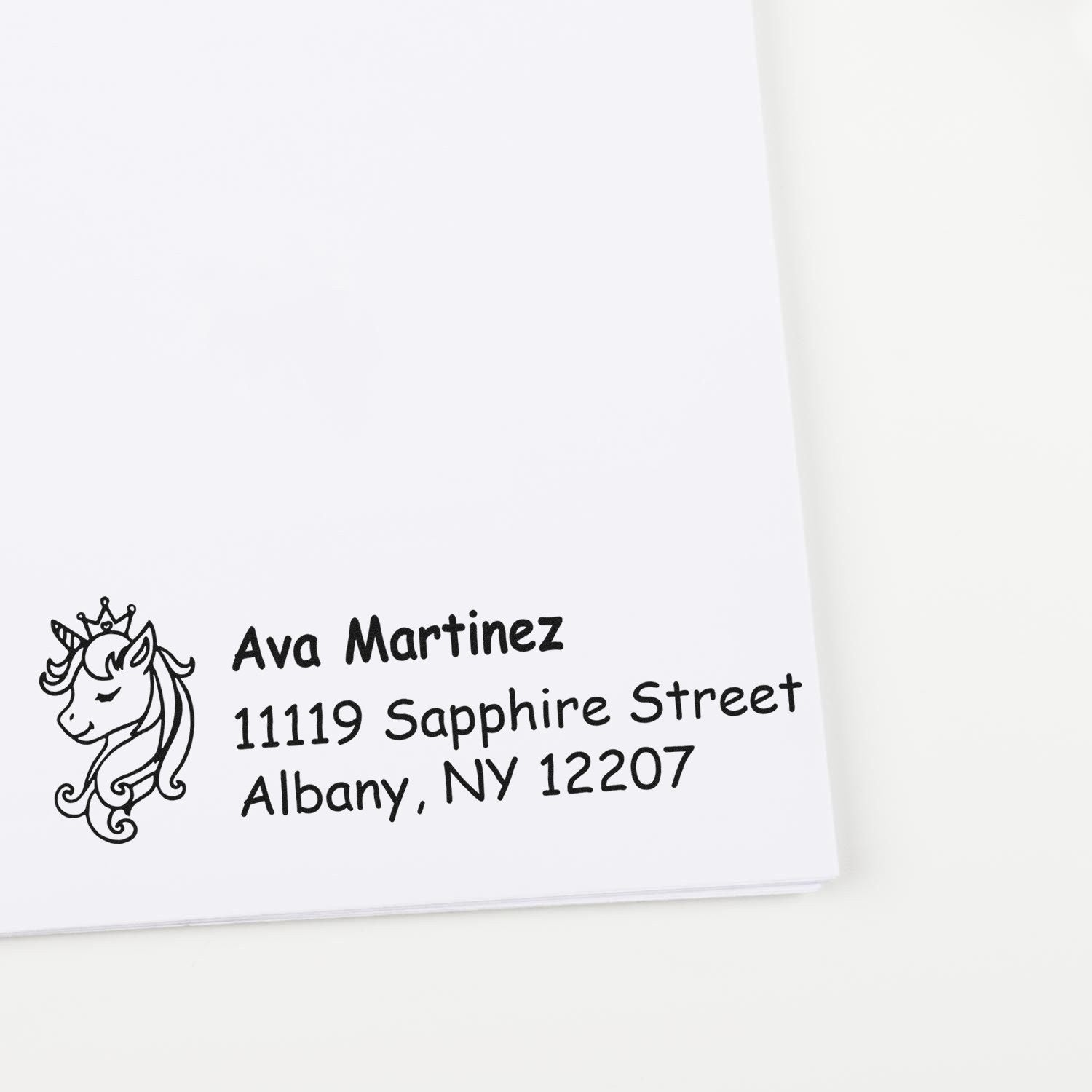 Custom unicorn address rubber stamp with name, street address, and city for personalized envelopes and stationery