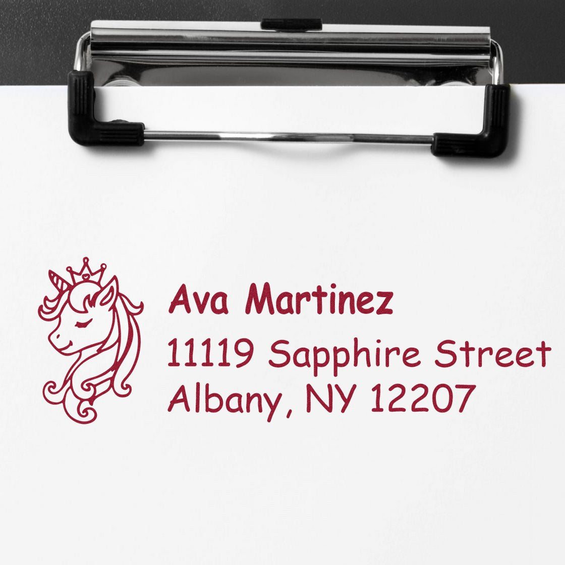 Personalized unicorn address rubber stamp for Ava Martinez, Albany, NY 12207