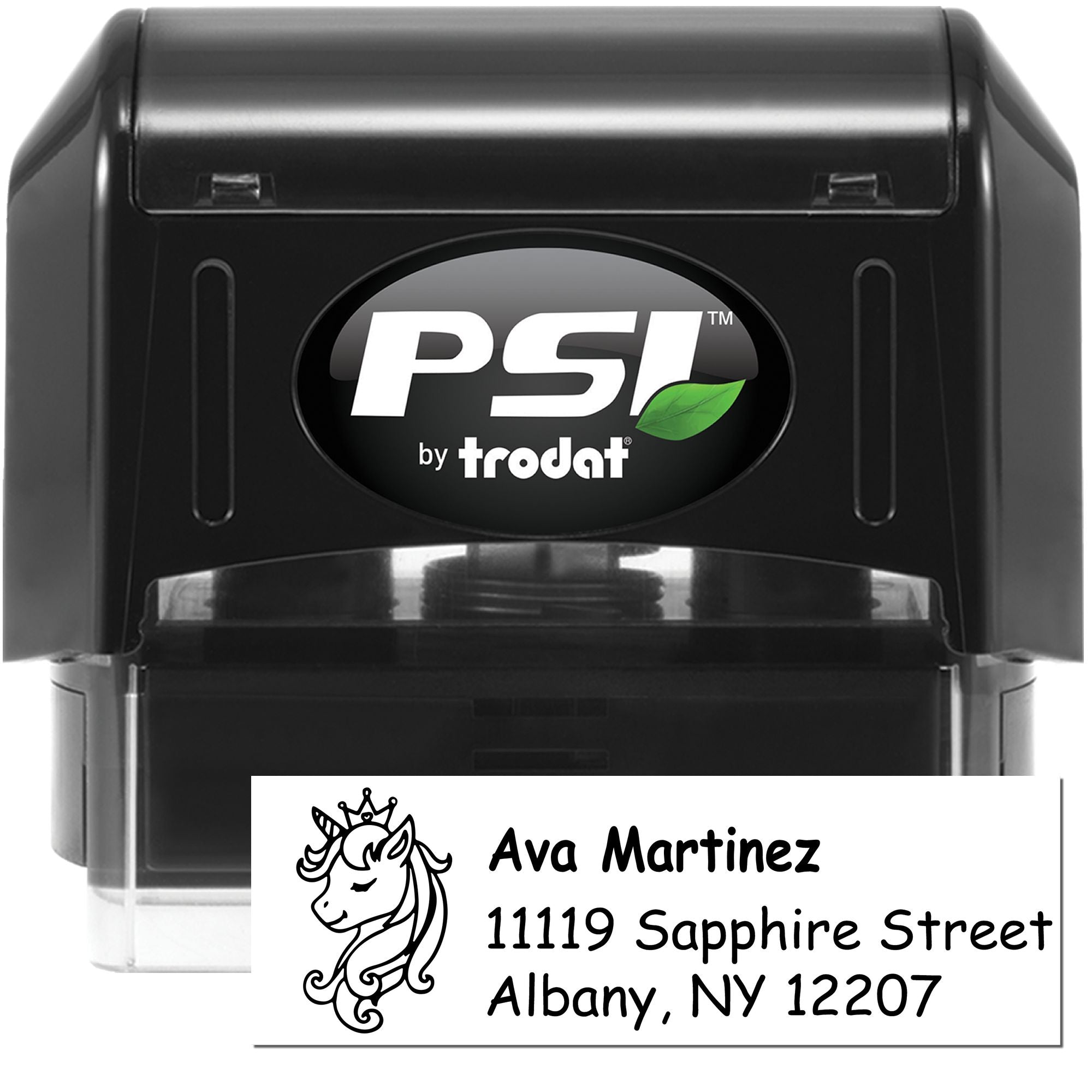 Self-inking PSI by Trodat rubber stamp with custom unicorn address design for Ava Martinez, Albany, NY 12207