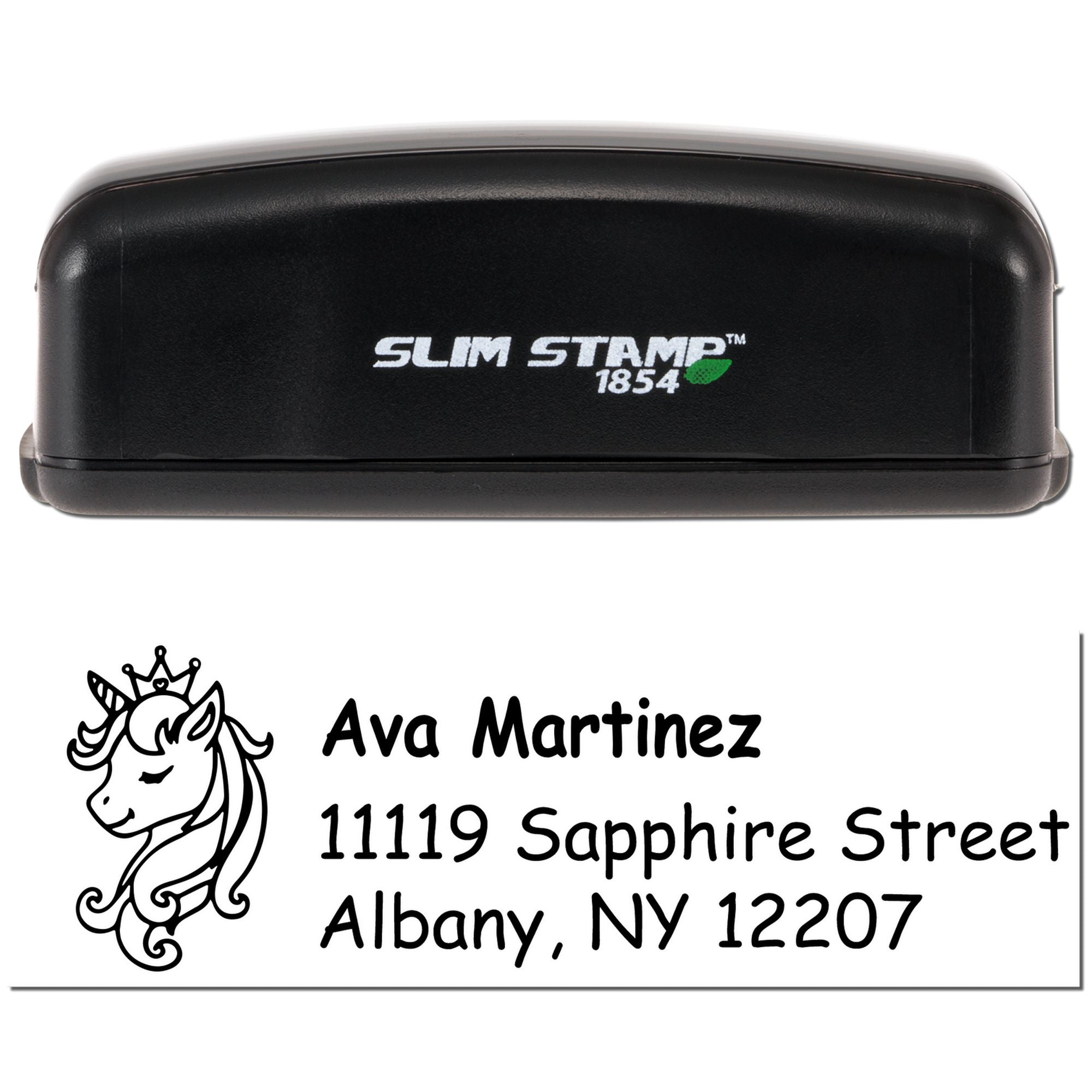 Custom unicorn address rubber stamp for Ava Martinez, 11119 Sapphire Street, Albany, NY 12207, Slim Stamp 1854.