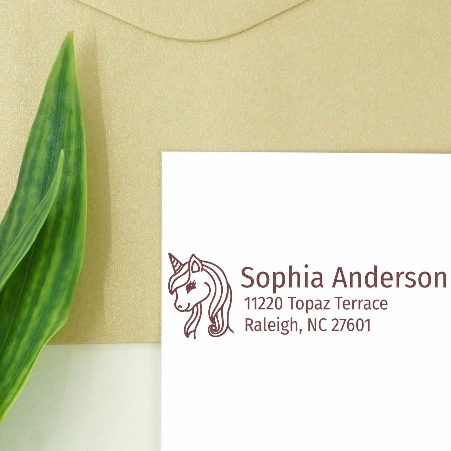 Personalized unicorn return address rubber stamp for Sophia Anderson, Raleigh, NC
