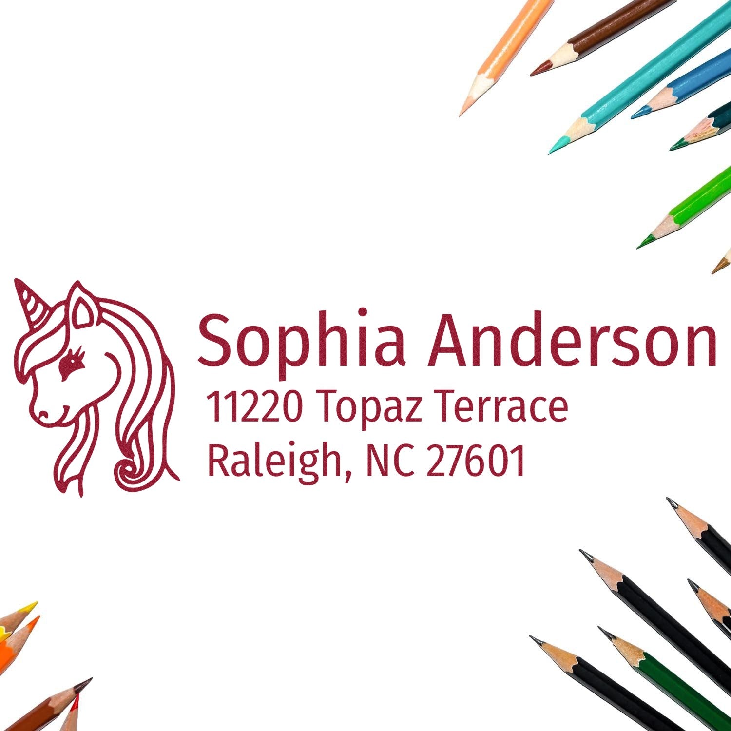 Custom unicorn return address rubber stamp for Sophia Anderson, 1120 Topaz Terrace, Raleigh, NC 27601
