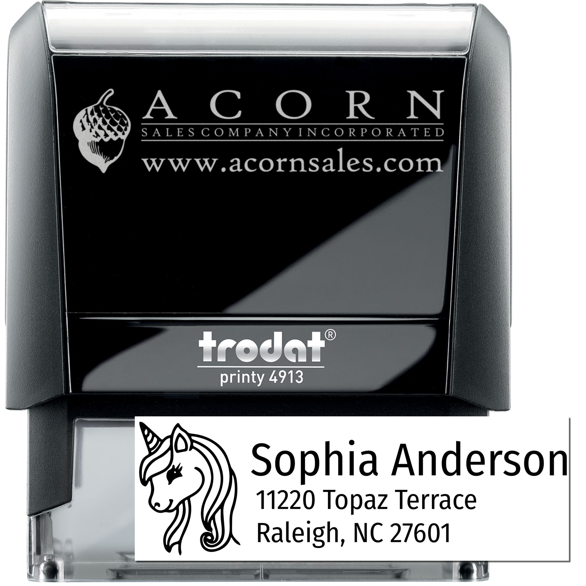 Custom self-inking rubber stamp and address stamp examples on Trodat Printy, ideal for business branding and mailing.