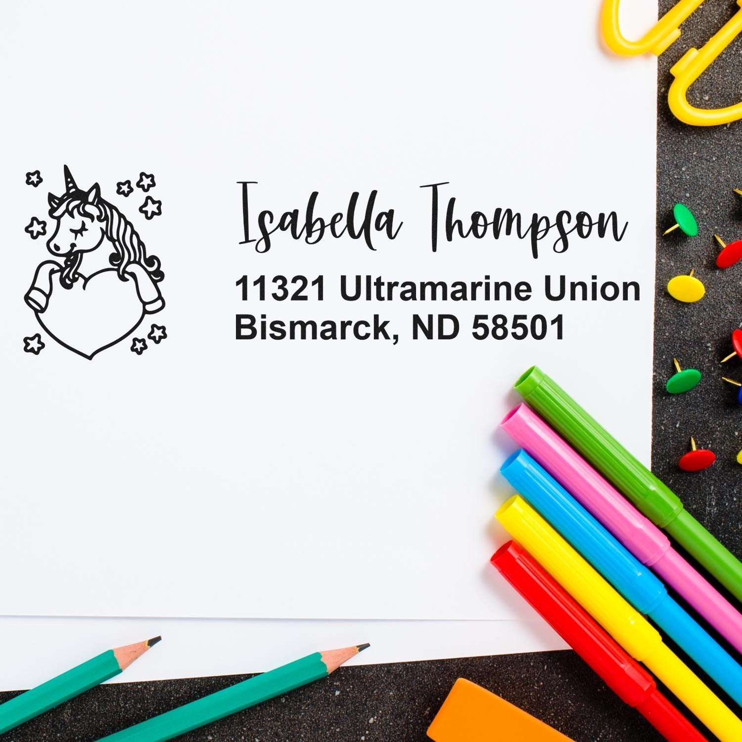 Custom unicorn return address rubber stamp with name and Bismarck, ND address for personalized envelopes