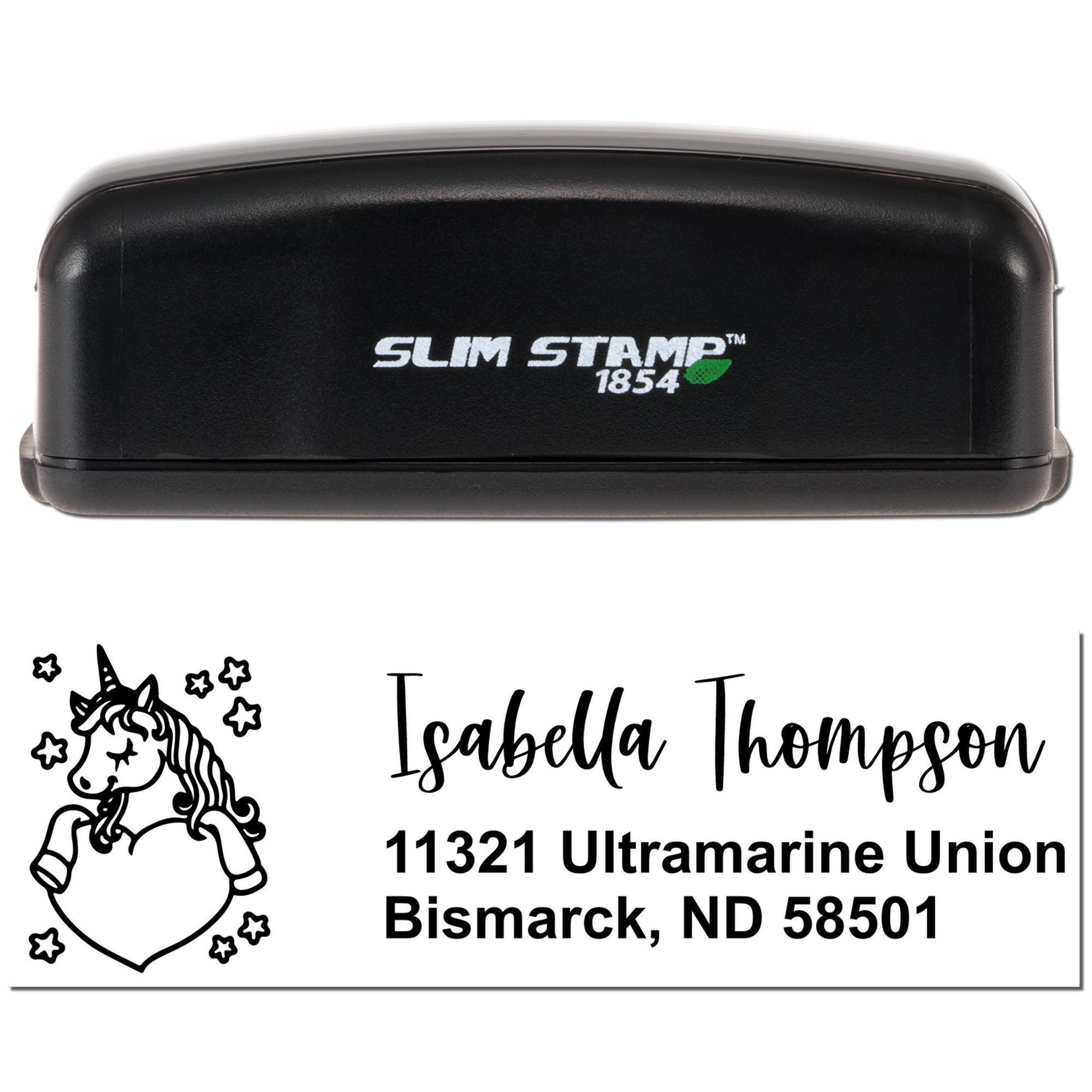 Custom unicorn address rubber stamp with self-inking Slim Stamp 1854 for Isabella Thompson, Bismarck, ND 58501.