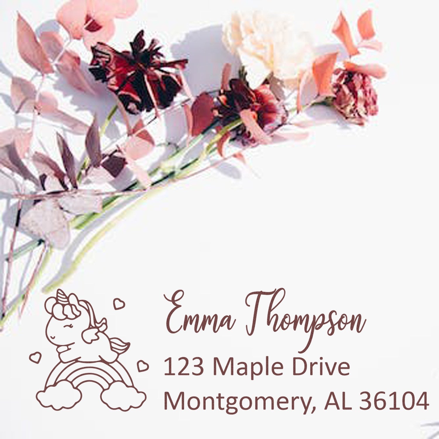 Personalized unicorn address rubber stamp with Emma Thompson name and Montgomery, AL return address for mailing envelopes.