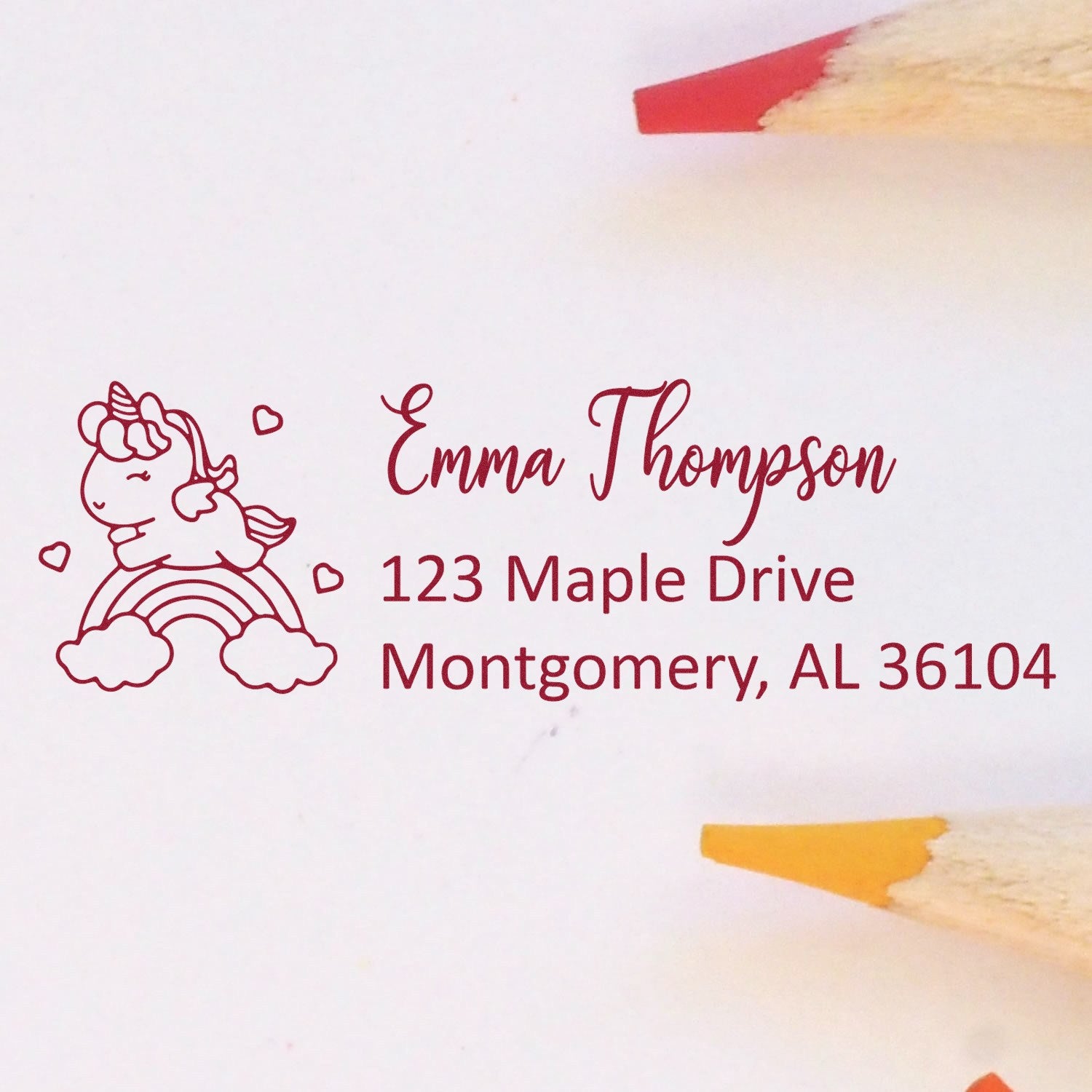Custom unicorn return address rubber stamp with name and address for personalized envelopes.