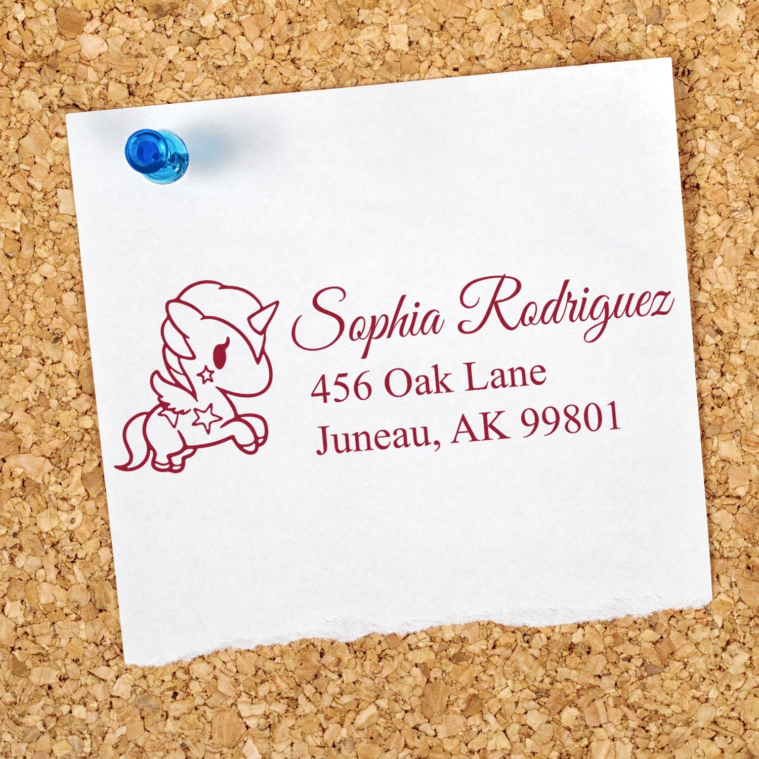 Custom return address rubber stamp with unicorn design for Sophia Rodriguez, Juneau, AK stationery and invitations.