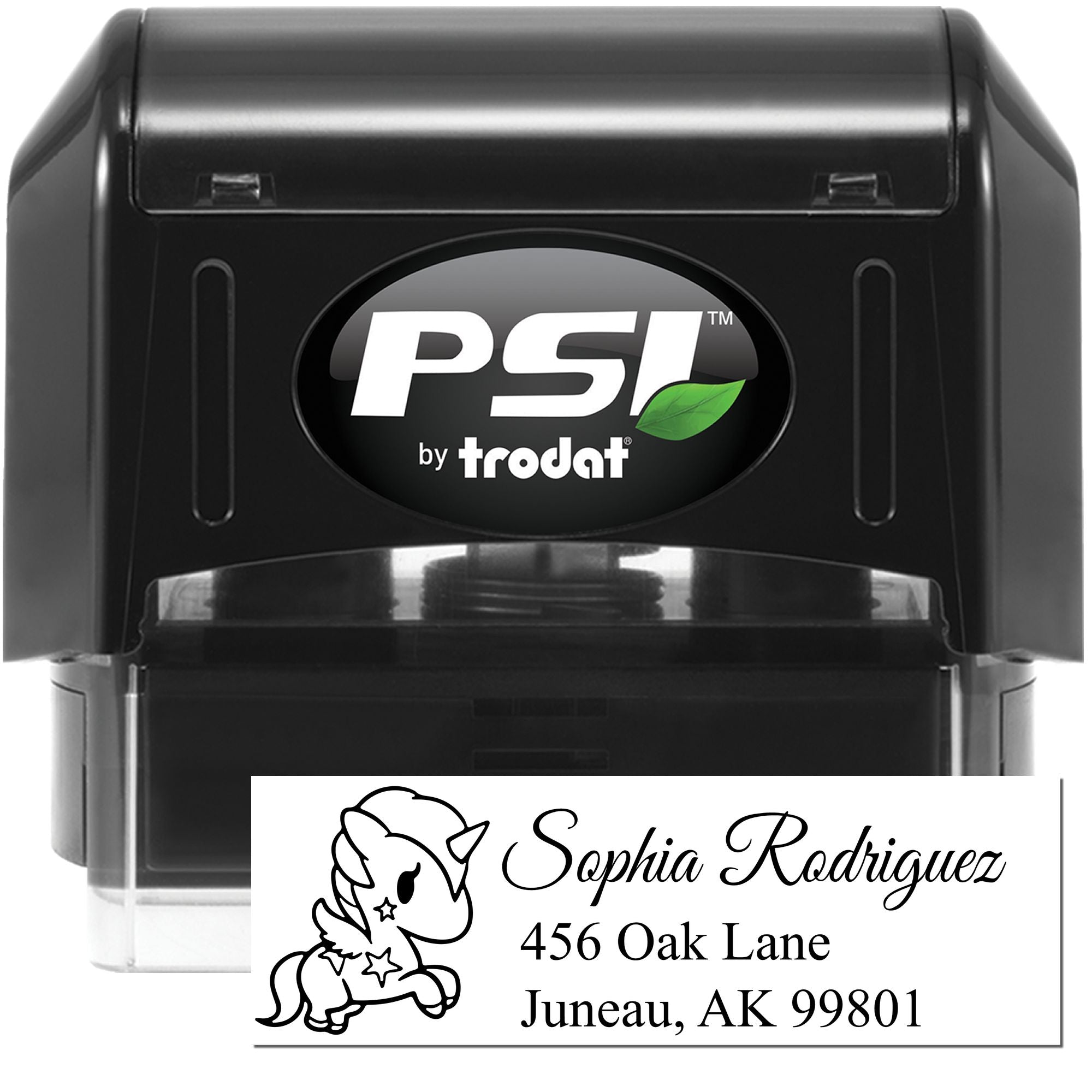 PSI by Trodat self-inking rubber address stamp with custom name and address imprint for personalized mailing.