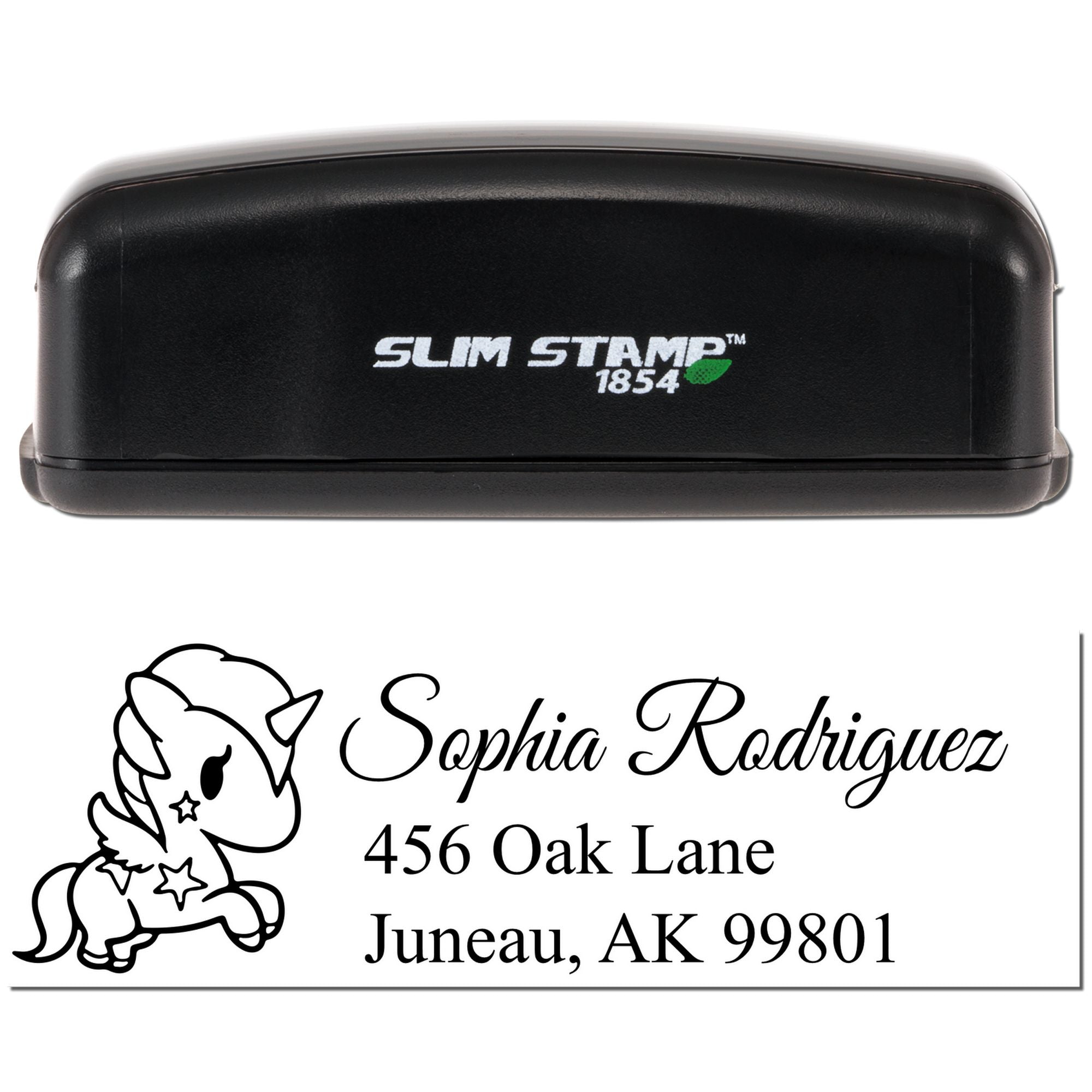 Custom Slim Stamp 1854 unicorn address rubber stamp for Sophia Rodriguez, 456 Oak Lane, Juneau, AK 99801