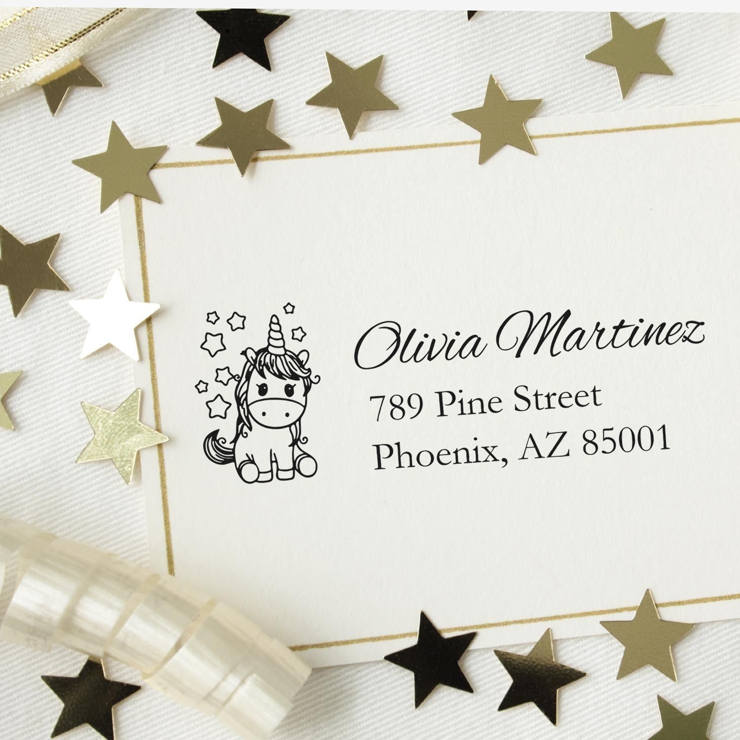 Custom unicorn return address rubber stamp for envelopes, cards, and party invitations.