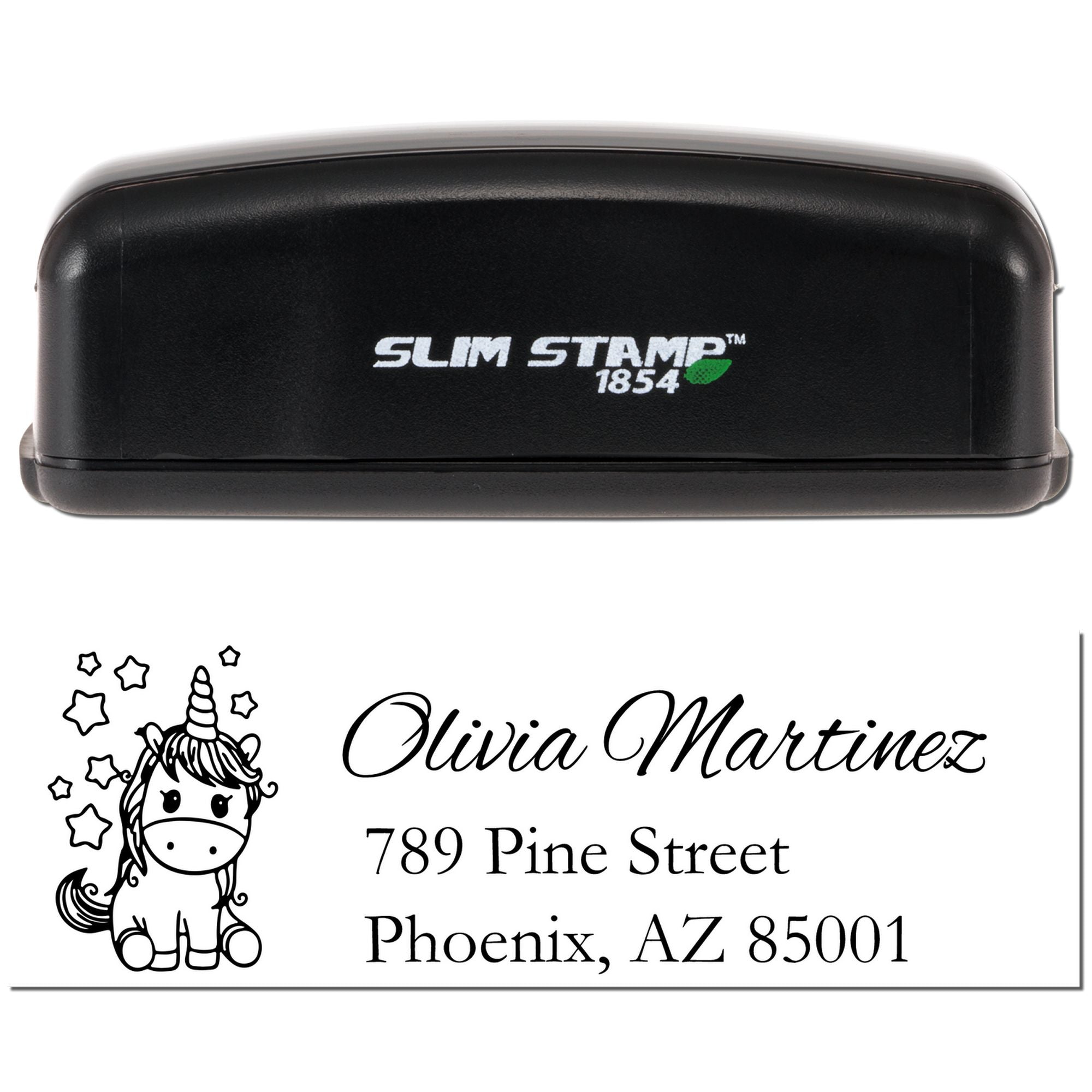 Custom unicorn return address rubber stamp with Olivia Martinez, 789 Pine Street, Phoenix, AZ 85001 in Slim Stamp 1854 case