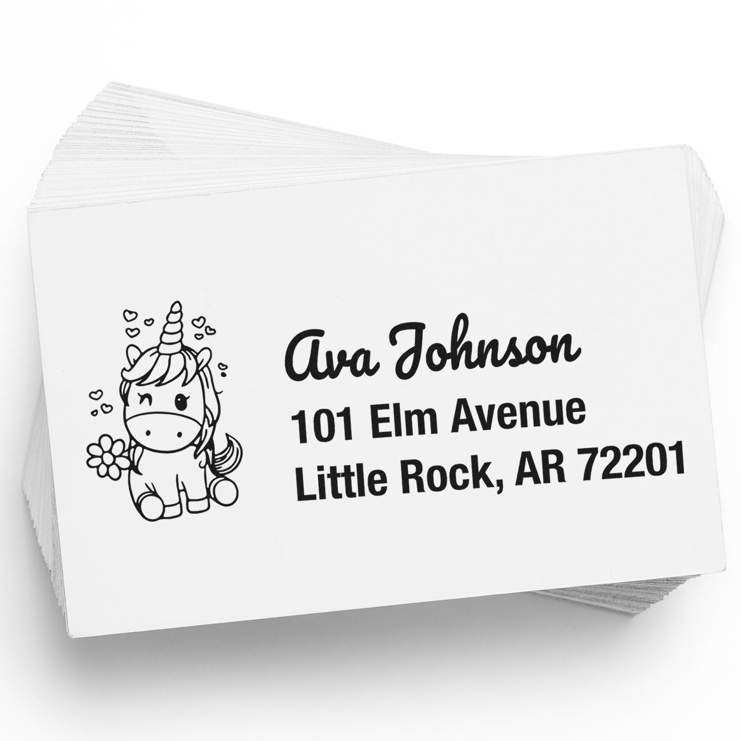 Custom unicorn address rubber stamp with personalized name and Little Rock, AR return address.