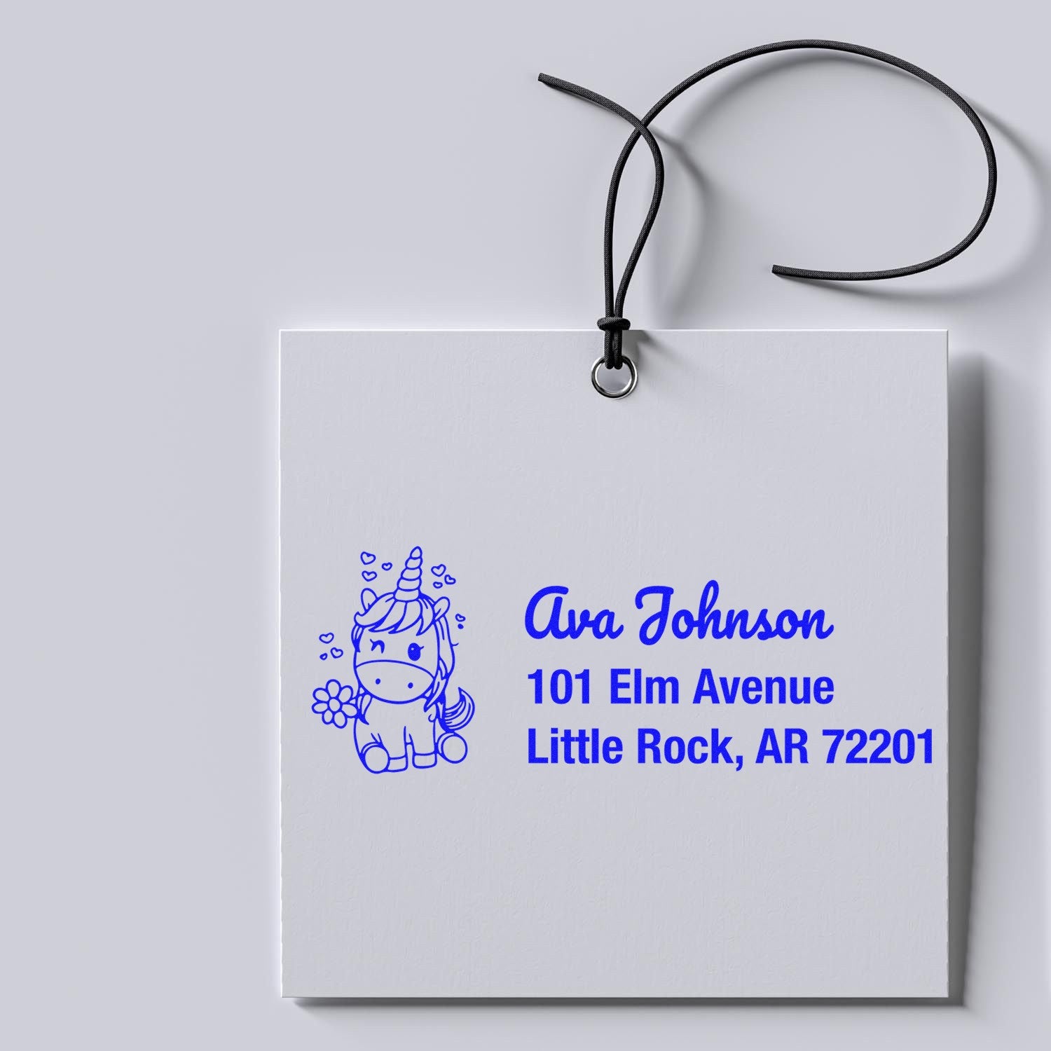 Custom unicorn rubber stamp with name and address for personalized return address labels, packaging, and stationery.