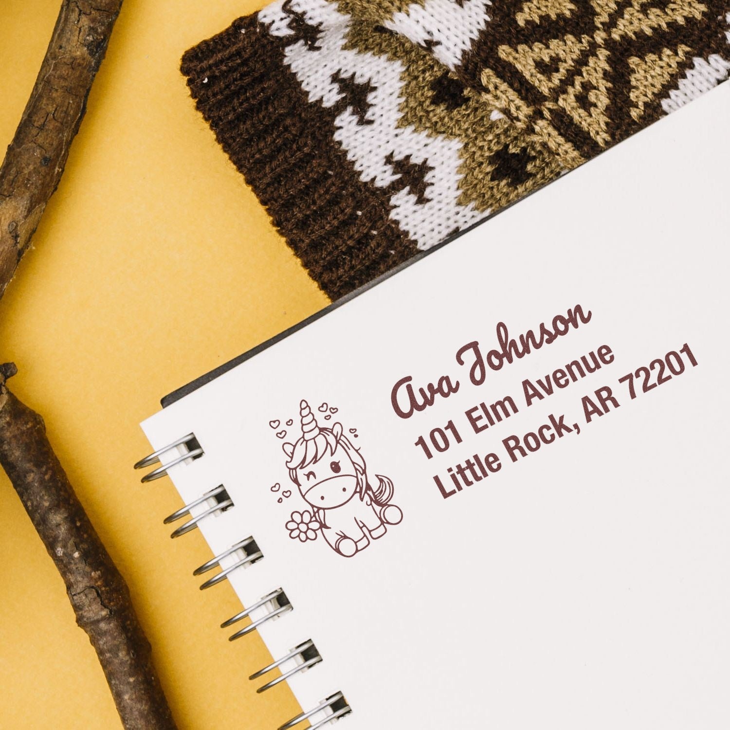 Custom unicorn address rubber stamp with Ava Johnson name and Little Rock, AR 72201 for personalized stationery.