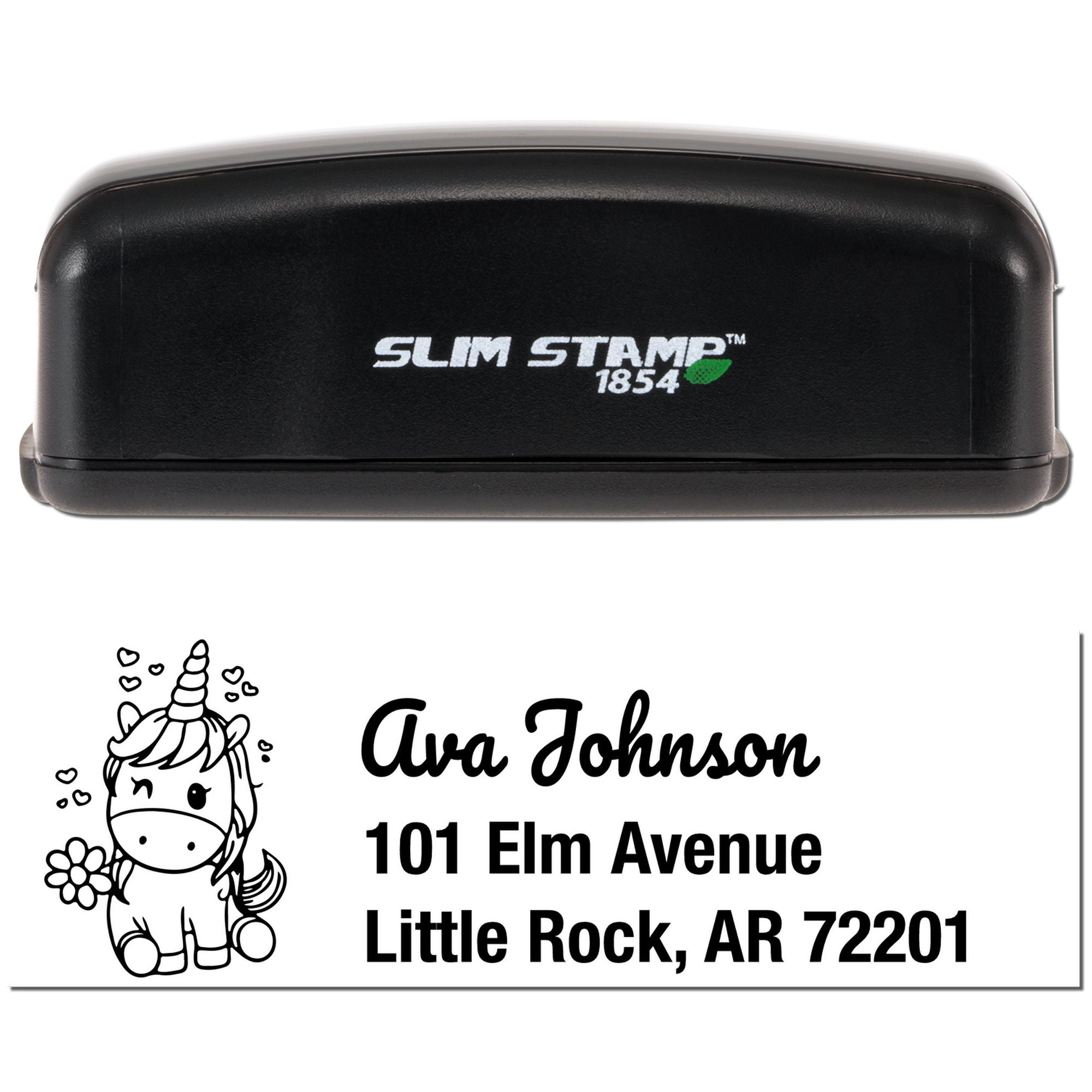 Custom unicorn address rubber stamp with Slim Stamp 1854 self-inking style, personalized for Ava Johnson, Little Rock, AR 72201.