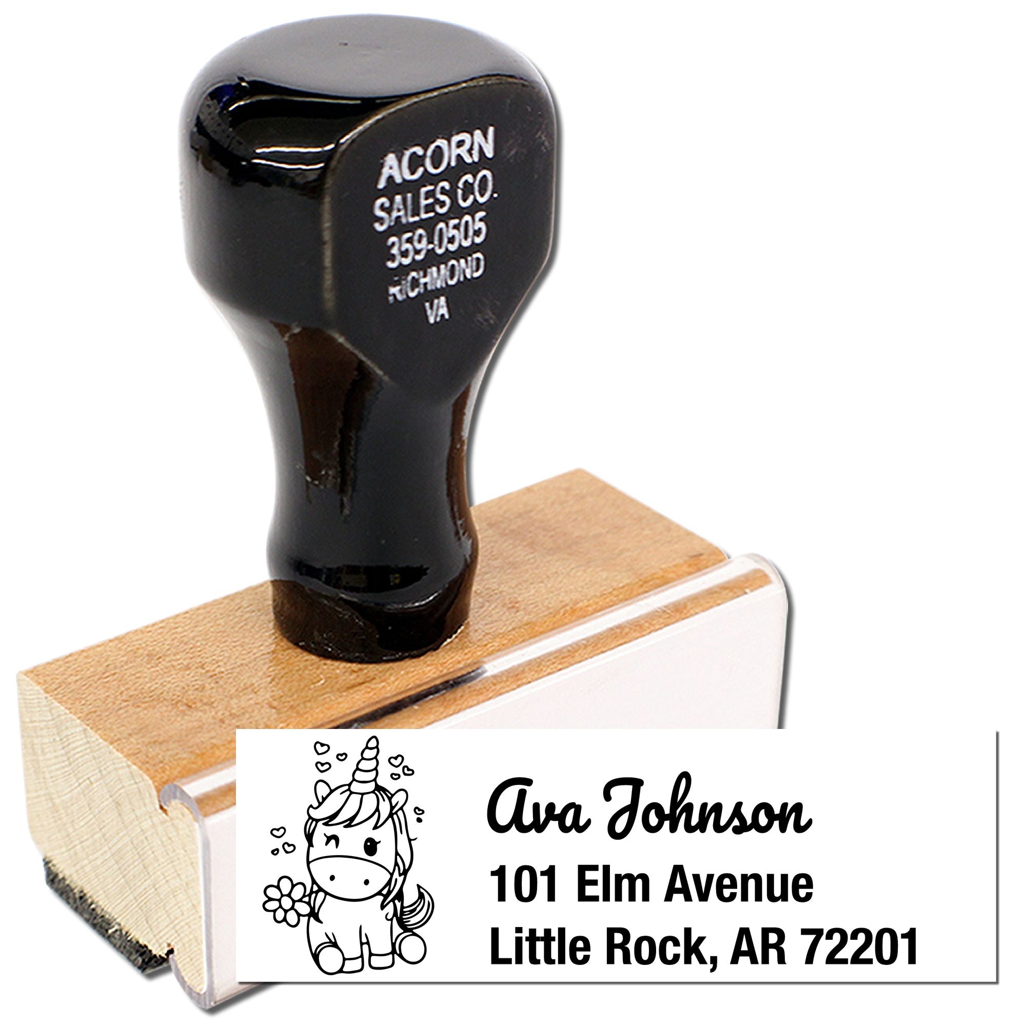 Custom unicorn return address rubber stamp for personalized envelopes, featuring name, street address, city, and ZIP code.