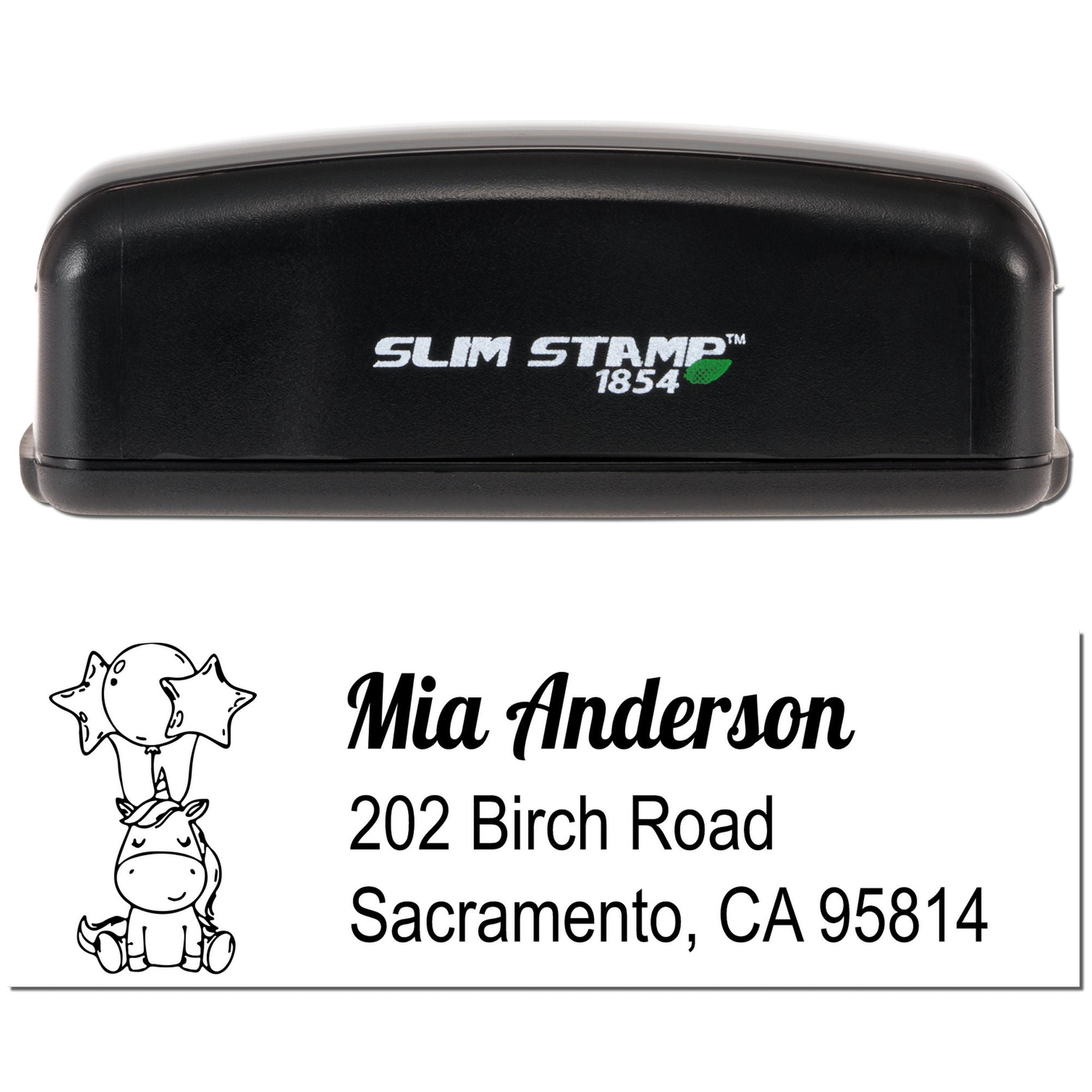 Custom self-inking rubber address stamp with cow design for Mia Anderson, 202 Birch Road, Sacramento, CA 95814.