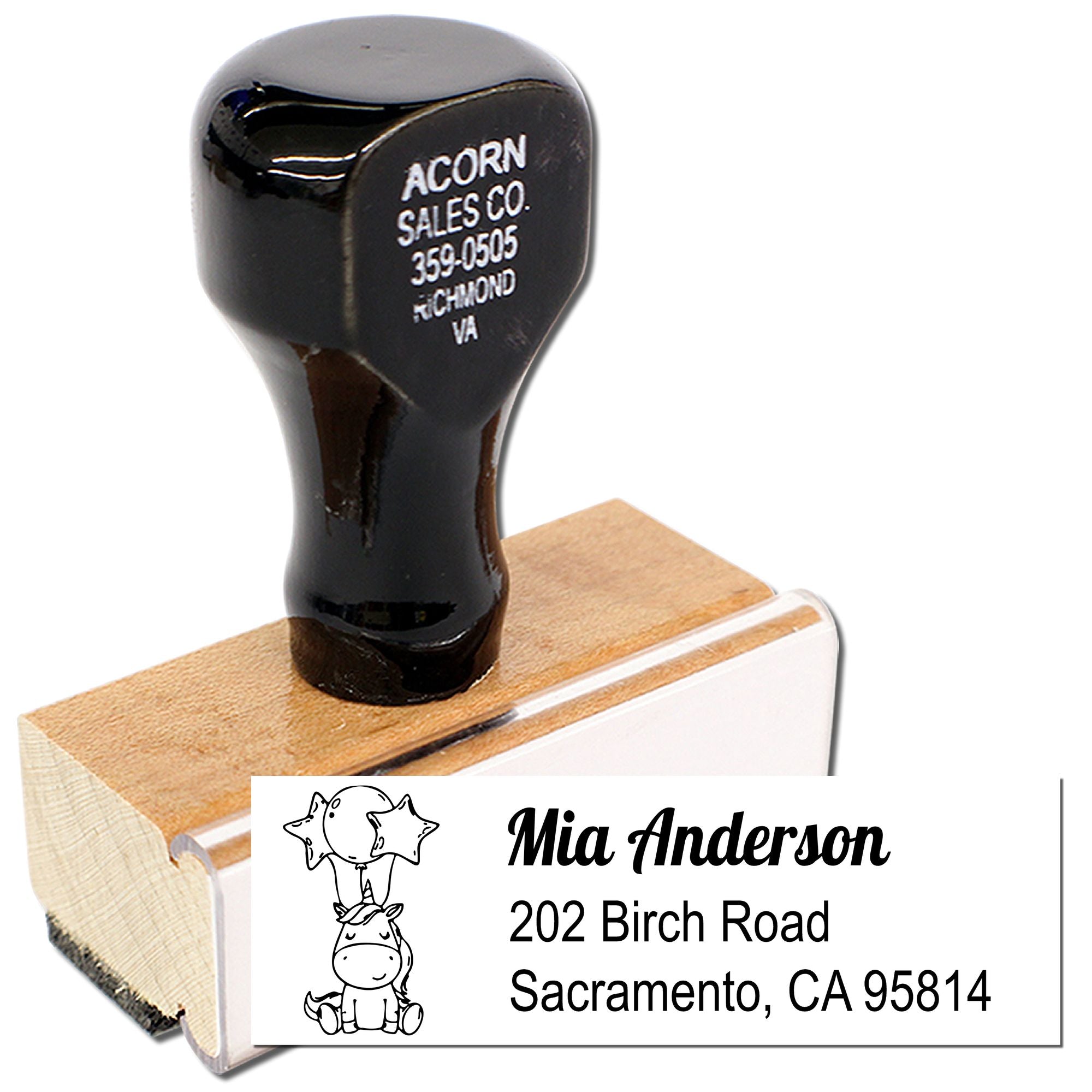 Custom wooden rubber address stamp with name, logo, and return address for personalized mailing.