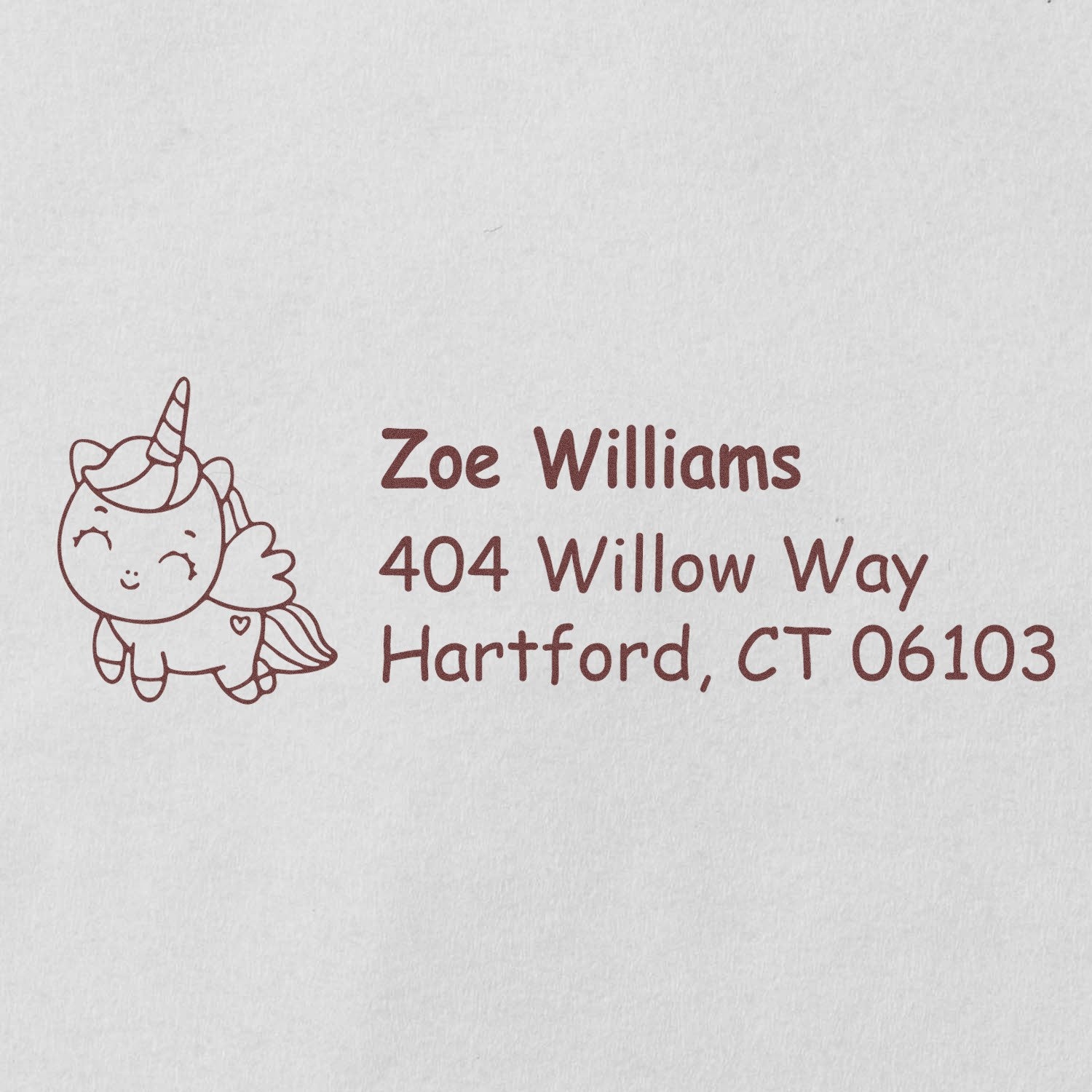 Custom unicorn address rubber stamp for Zoe Williams, Hartford, CT 06103, for personal mailing use